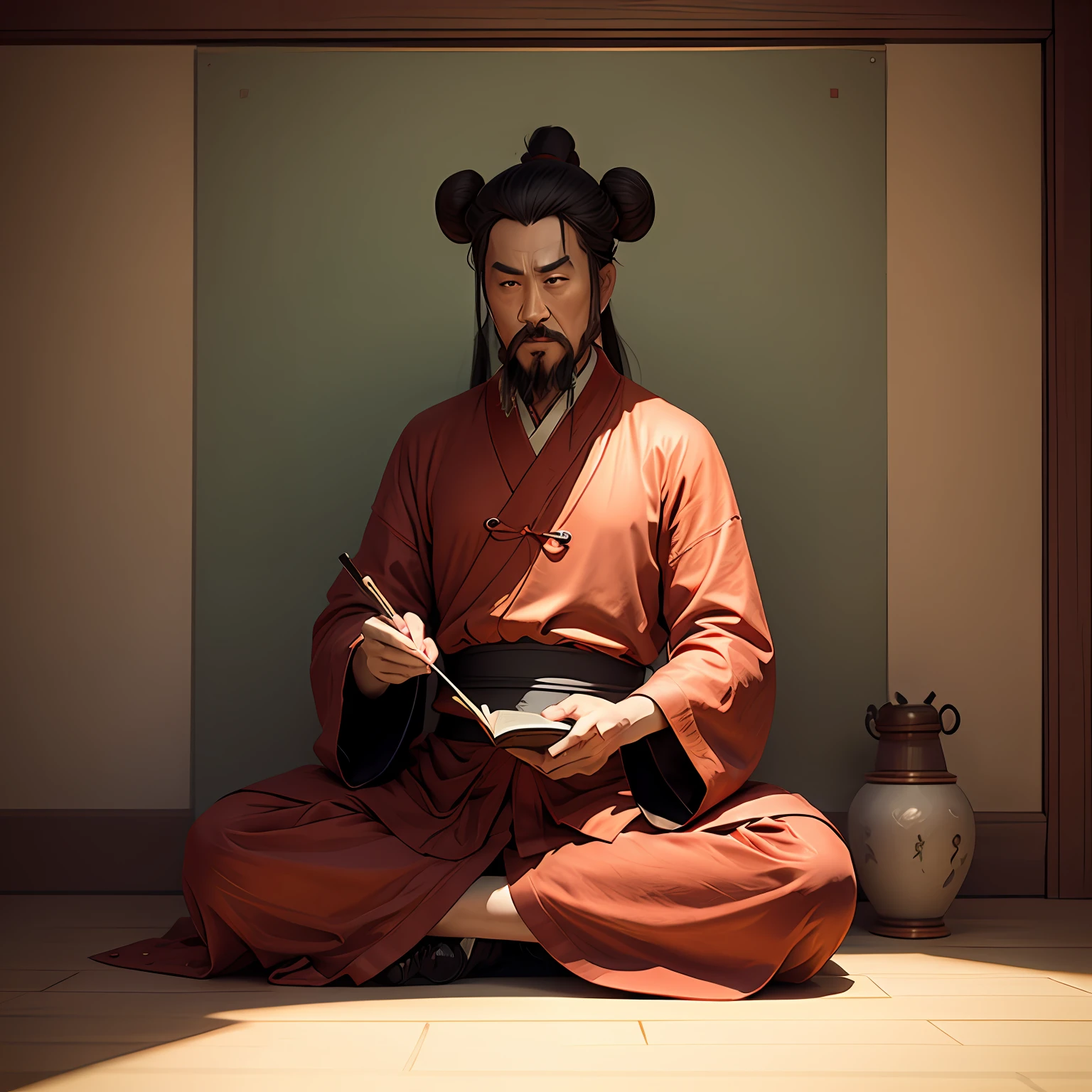 arafed man in a red robe sitting on the floor with a book, inspirado no Imperador Xuande, taoist priest, inspirado em Hu Zaobin, vestindo roupas chinesas antigas, taoist master, arte conceitual de um monge, taoist, inspirado em Dong Yuan, inspirado em Wu Daozi, inspirado em Zhao Mengfu, ancient japanese monk