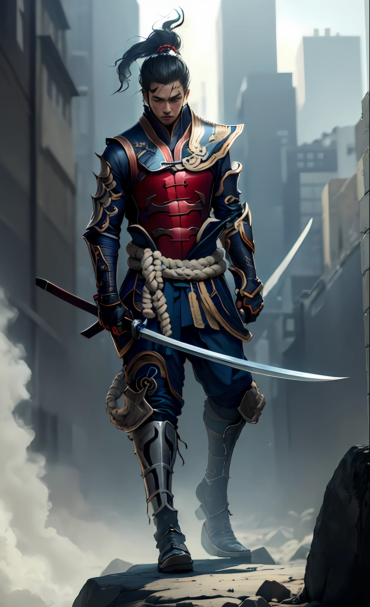 imagem arafed de um homem em armadura segurando uma espada, Arte conceitual de um guerreiro, inspirado em Fan Kuan, inspirado por Yi Jaegwan, Personagem de arte conceitual de RPG, arte conceitual detalhada de corpo inteiro, design de personagem guerreiro, inspired by Kanō Hōgai, inspirado em Ma Shi, male samurai, samurai cyberpunk, bela arte conceitual de corpo inteiro, Samurai ciborgue --auto