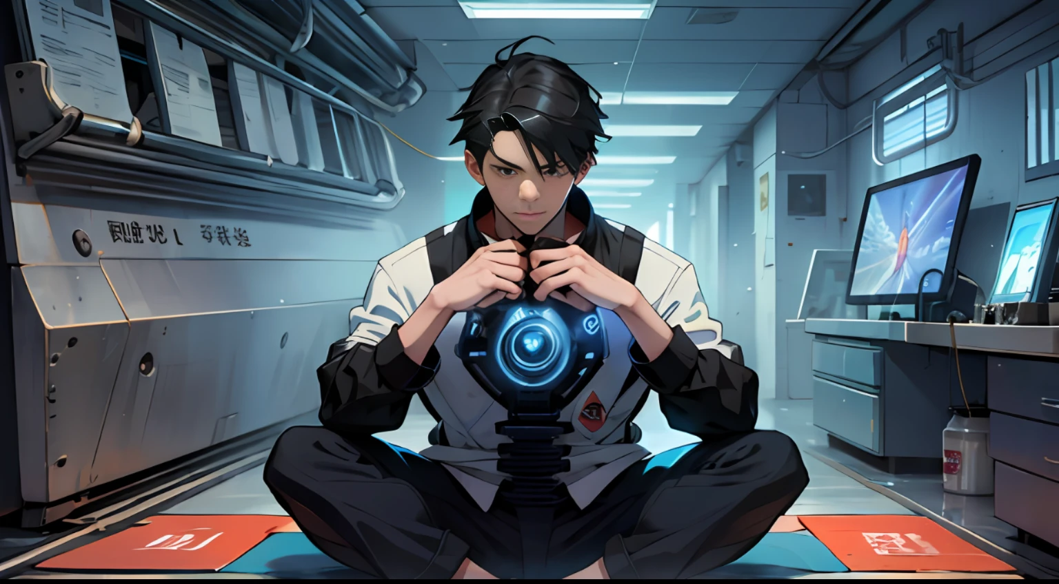 A strong man in a training room, with short black hair, (Sit cross-legged:1.2)make move,Train with your hands on your knees, surrounded by aura, Tyndall effect, Anime art style, Realistic portrait, mystic academia, radiation clusters, dansaekhwa, Stones, poolcore,32K, Best quality, 巨作, Super detail, High details