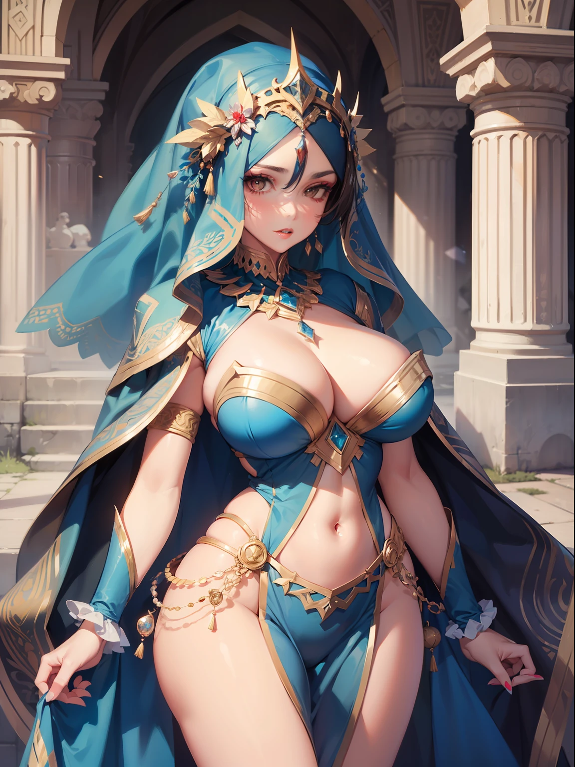 sexy and hot Arab princess wearing a blue hijab, detailed face, dark-brown eyes, full length body standing at the park, areola puffy, exquisite clothing detail, sharp and clear focus, highly detailed, art station, concept art, light makeup, hyper-realistic, 32K Ultra HD