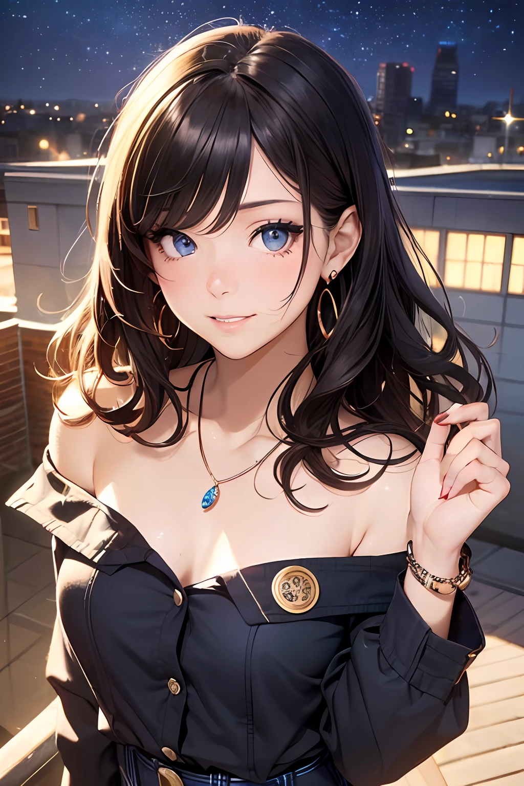 (masutepiece: 1.3), (max resolution: 1.2), (Ultra HDTV: 1.2), cinema lite, Ultra HDTV, (Detailed eyes and skin), (detailed facial features), ultgp, 8K resolution, Sharp Focus: 1.2, Perfect Style, Beautiful Face, accurate, Anatomically correct, Highly detailed face and skin texture, Detailed eyes, Dark-blue eyes, Double eyelids, Thin eyebrows, dropping eyes, (Glitter Eyeliner:1.2), Natural cheeks, Glossy skin, (Fair skin:1.2), shiny necklace and earrings, (Glossy lips: 1.4), break, absurderes, One-person viewpoint, (she is high school Student), (Wearing a Button up shirt, blazer, Pleated mini skirt), ((off-shoulder:1.3)), (shy smile:1.2), ((Innocent and very cute girl:1.3)), (Layered hairstyle, Wavy Hair), (Dark brown hair:1.2), Medium Long Hair, (Cowboy shot: 1.2), Focus on Face, medium large breasts, ((sexy pose on Instagram:1.2)), ((In the School Rooftop at night)),
