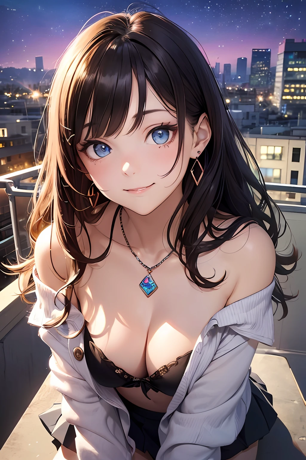 (masutepiece: 1.3), (max resolution: 1.2), (Ultra HDTV: 1.2), cinema lite, Ultra HDTV, (Detailed eyes and skin), (detailed facial features), ultgp, 8K resolution, Sharp Focus: 1.2, Perfect Style, Beautiful Face, accurate, Anatomically correct, Highly detailed face and skin texture, Detailed eyes, Dark-blue eyes, Double eyelids, Thin eyebrows, dropping eyes, (Glitter Eyeliner:1.2), Natural cheeks, Glossy skin, (Fair skin:1.2), shiny necklace and earrings, (Glossy lips: 1.4), break, absurderes, One-person viewpoint, (she is high school Student), (Wearing a Button up shirt, blazer, Pleated mini skirt), ((off-shoulder:1.3)), (shy smile:1.2), ((Innocent and very cute girl:1.3)), (Layered hairstyle, Wavy Hair), (Dark brown hair:1.2), Medium Long Hair, (Cowboy shot: 1.2), Focus on Face, medium large breasts, ((sexy pose on Instagram:1.2)), ((In the School Rooftop at night)),