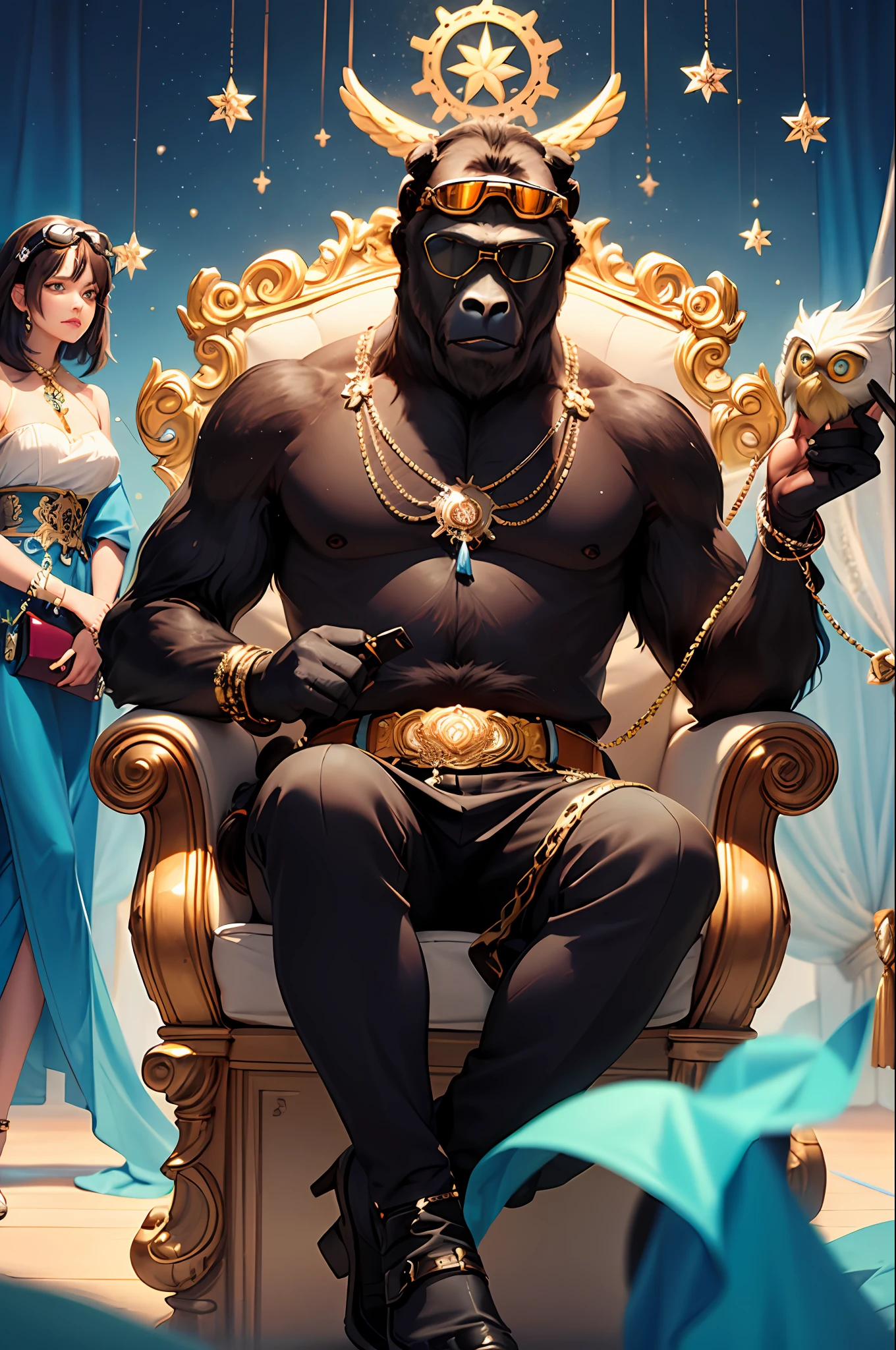 "Capture a photorealistic masterpiece featuring a fashionmonkey and a gorilla. Both are wearing eyewear on their heads - gears, goggles, and sunglasses. The apparel is stunning - the gorilla wears pants and shoes, while the fashionmonkey sports a throne-worthy tassel outfit. The scene shows a majestic magic circle surrounded by the glittering gold jewelry and gemstones. A proud owl sits on a branch in the background."