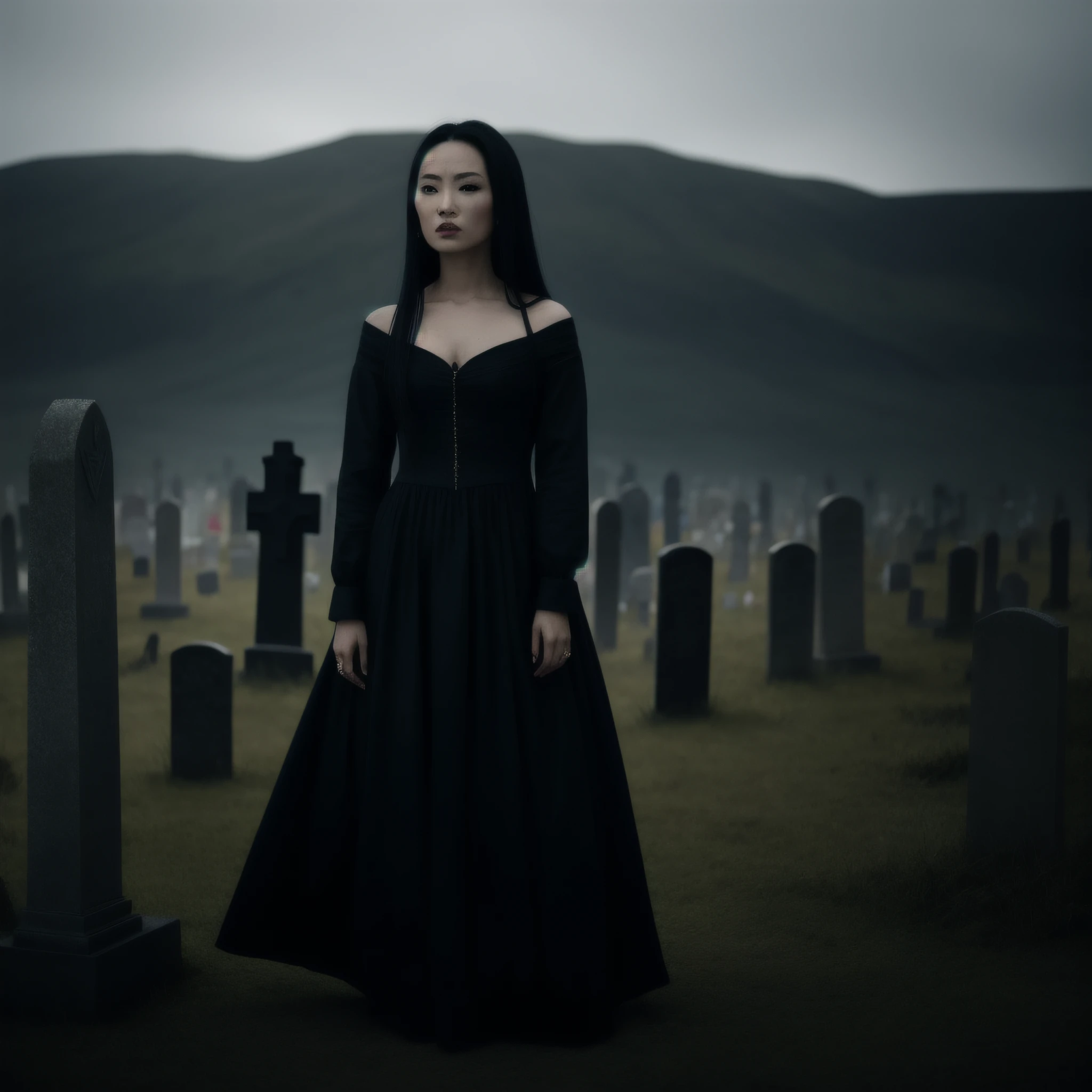 Azula in a black dress standing in a cemetery, goddess of death in a graveyard, in the middle of a graveyard, Retrato de um necromante feminino, eerie moorlands behind her, in a graveyard, Vampiro vitoriano, Escuro, necromante feminino, Directed by: Jason Felix