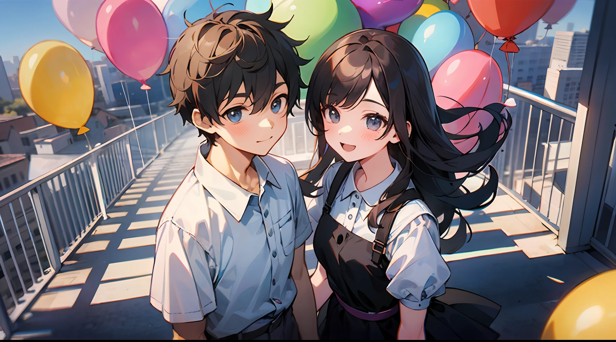 Upper body, Medium Shot Shot, A boy and a girl, Leaning together, Standing on the roof, Clear sky, balloons, Smiling happily