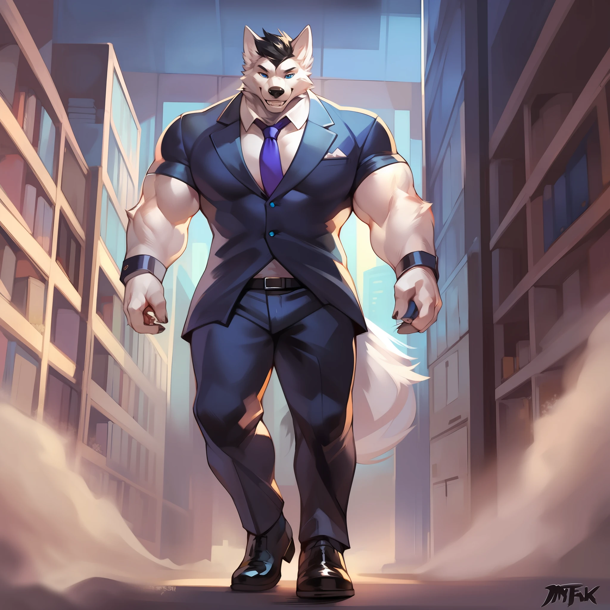 Solo, male, white wolf, white fur, white body, navy blue dress shirt, black dress pants, black dress shoes, dark blue eyes, black hair, short hair, black nose, snout, long snout, teeth, buff, strong, big, tall, giant, enormous, clothed, muscular, office, standing, by darkgem, by mystikfox61