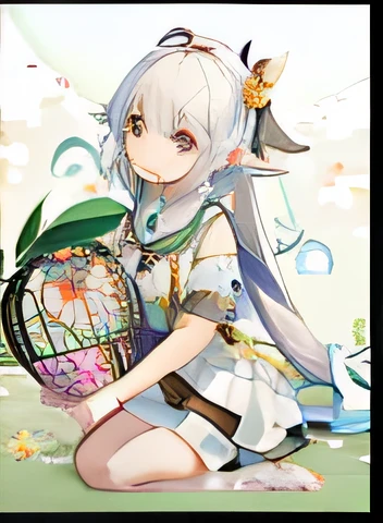 anime girl with a bird cage in her hand, shadowverse style, Loli, Pisif, An anime cover, shikamimi, Pisif 3DCG, mikudayo, lalafell, white-haired god, Elf Girl, at pixiv, Pisif style, little curve loli, shirabii, Anime goddess, insect trainer girl, Genshin