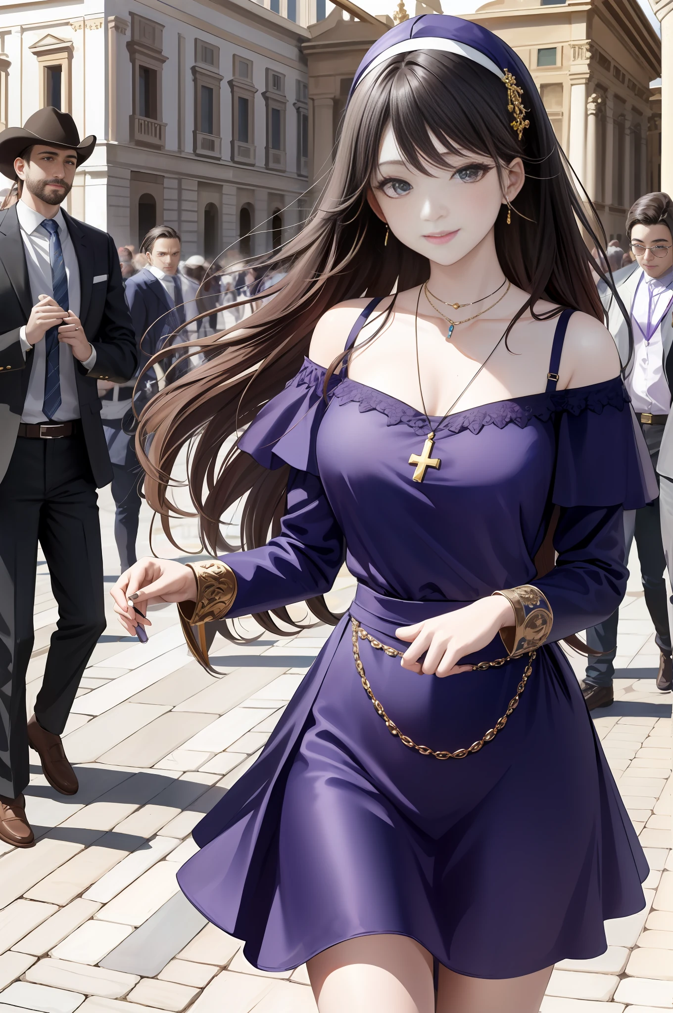 masterpiece, 4K, best quality, FELute, necklace, purple dress, (on the St. Peter's Square of Vatican,crowd),bracers, cowboy shot, looking at viewer, smirk, hand up