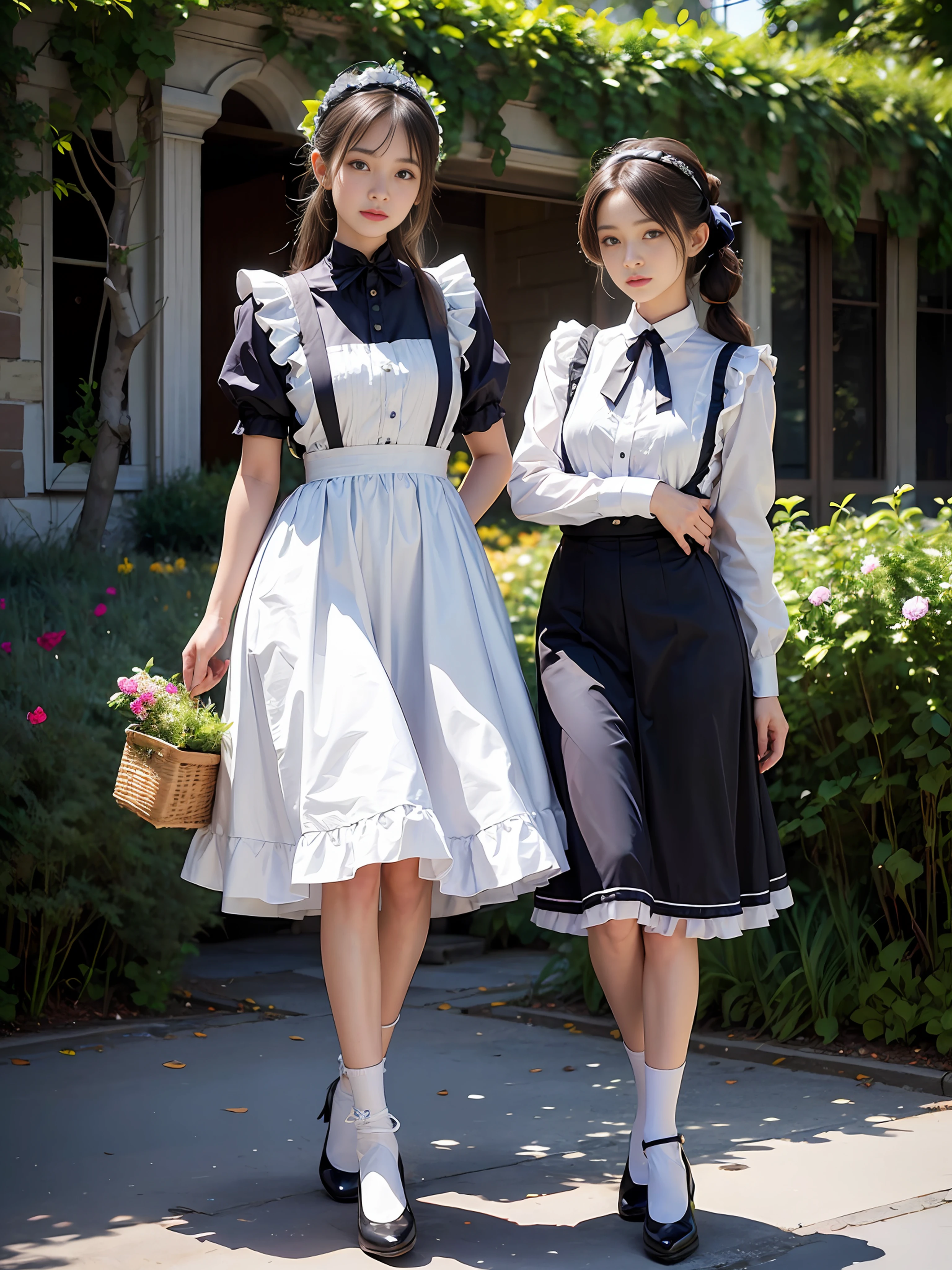 beste-Qualit、masterpiece、Super-High Resolution、(a photorealistic:1.4)、Raw photo、1人、British Made、Maid headband with frills、poneyTail、Braiding hair、frilled blouse、Ribbon Ties、pinafore、long skirt、puff sleeves、White silk ankle socks with frills、shining skin、Standing with a bag in front of the garden arch