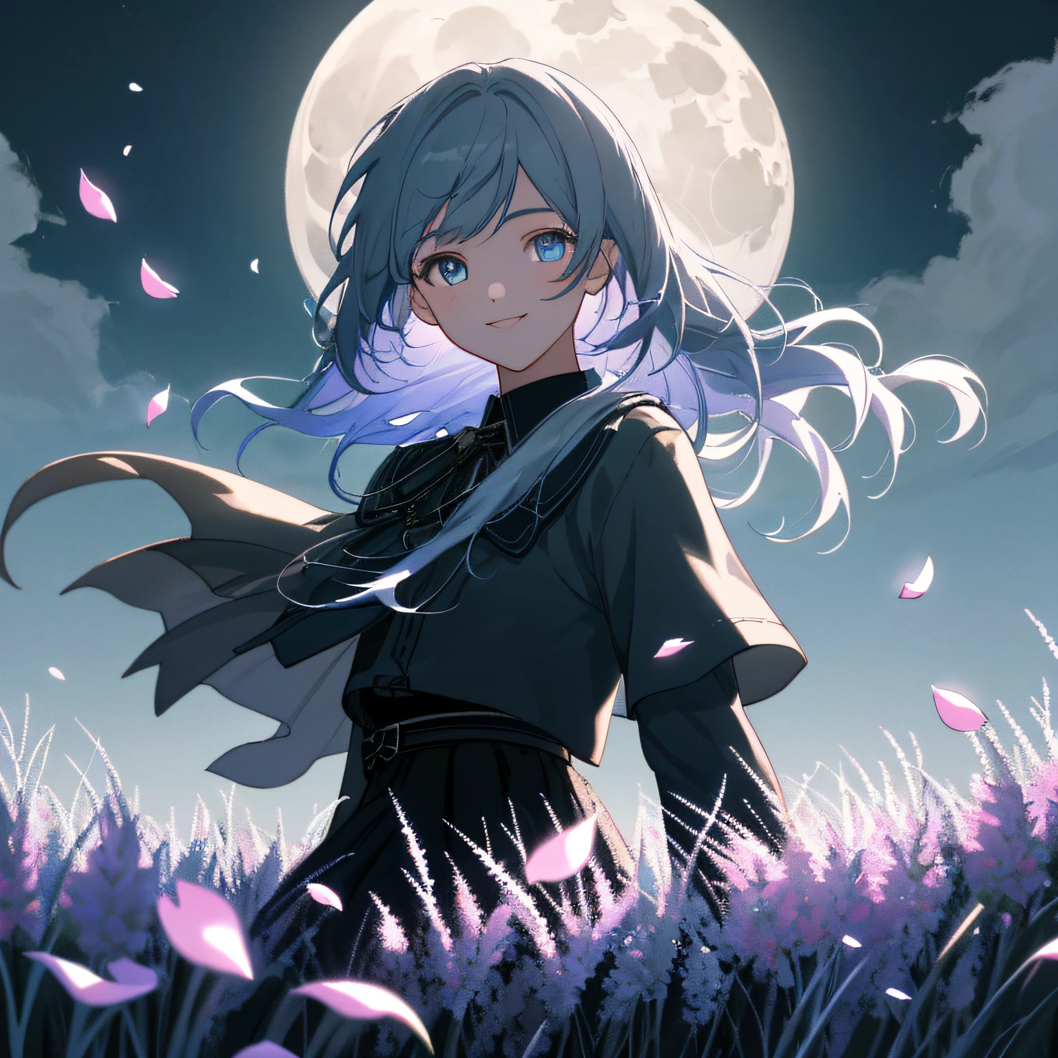 masterpiece, best quality, 1girl, (colorful),(finely detailed beautiful eyes and detailed face), cinematic lighting, bust shot, extremely detailed CG unity 8k wallpaper solo, smile, intricate skirt,((flying petal)),(Flowery meadow) sky, cloudy sky, building, moonlight, moon, night, (dark theme:1.3), light
