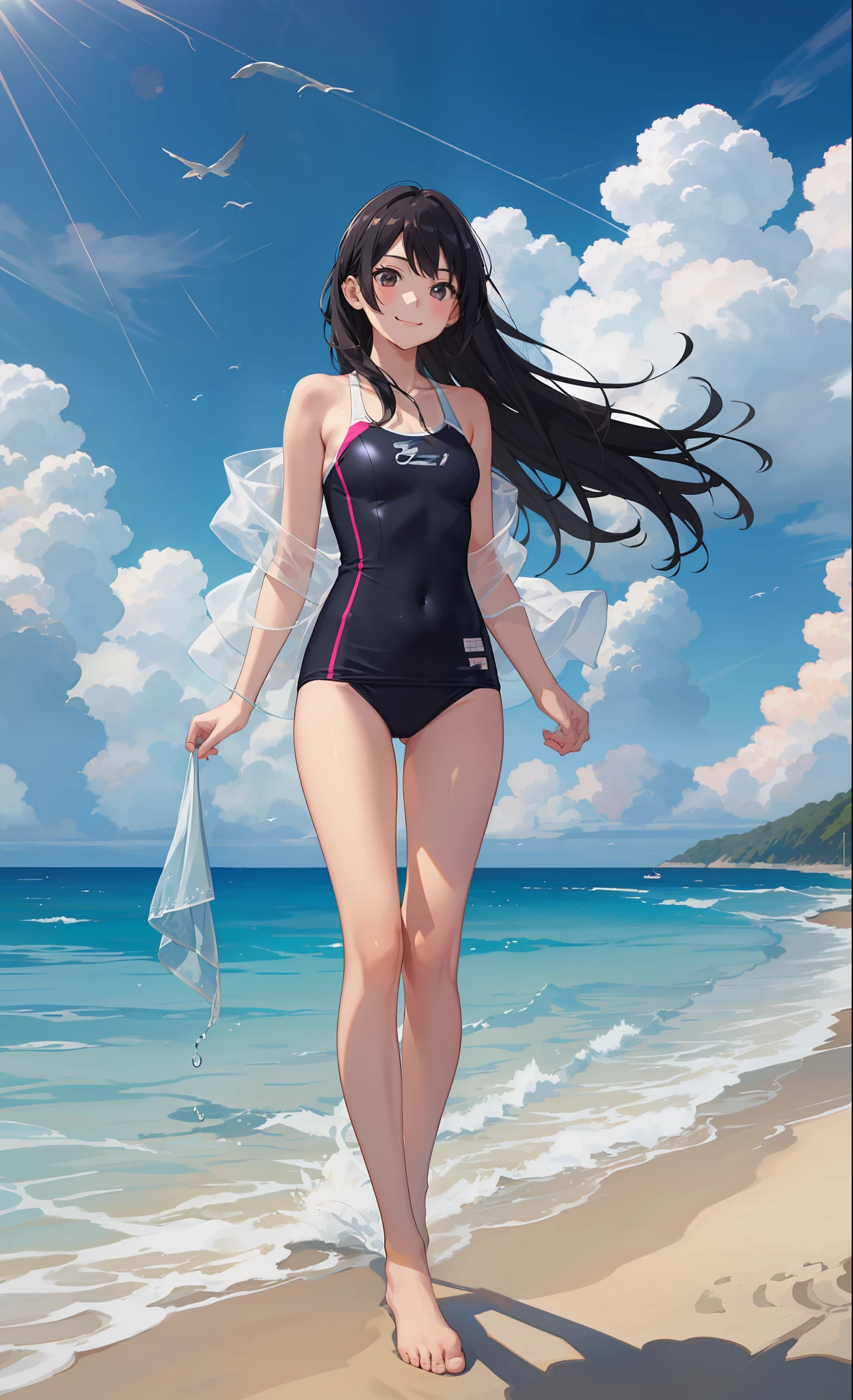 1girl in、A smile、（small tits）Chilarism、夏天、the ocean、sea bathing、（Wearing a colorful swimsuit）、beach、the wind、suns、