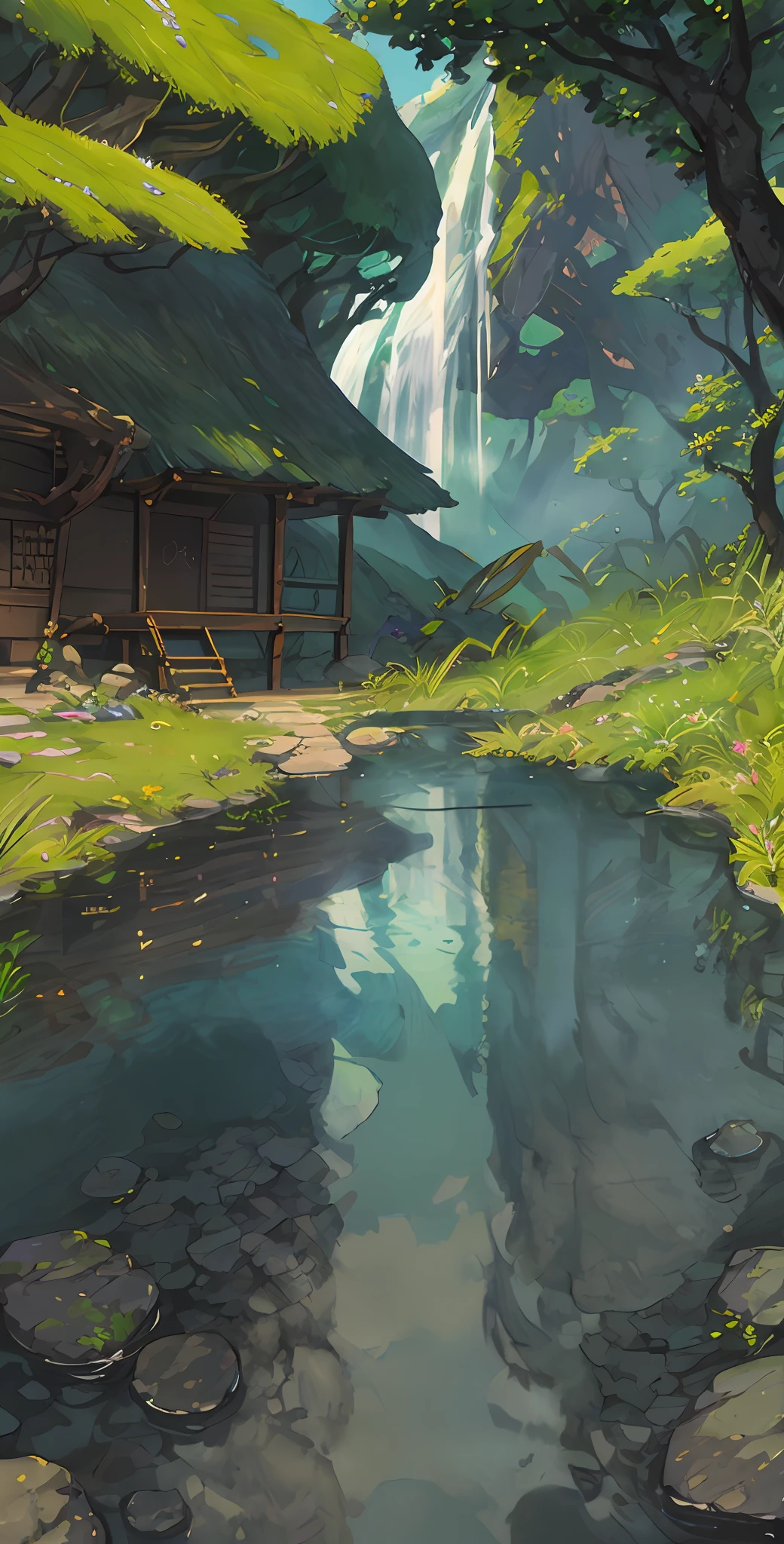 Chinese ancient times, spring, jungle, lake, cave, waterfall, tree, meadow, rock, deer, hot spring, water vapor, (illustration: 1.0), epic composition, realistic lighting, HD details, masterpiece, best quality, (very detailed CG unified 8k wallpaper)