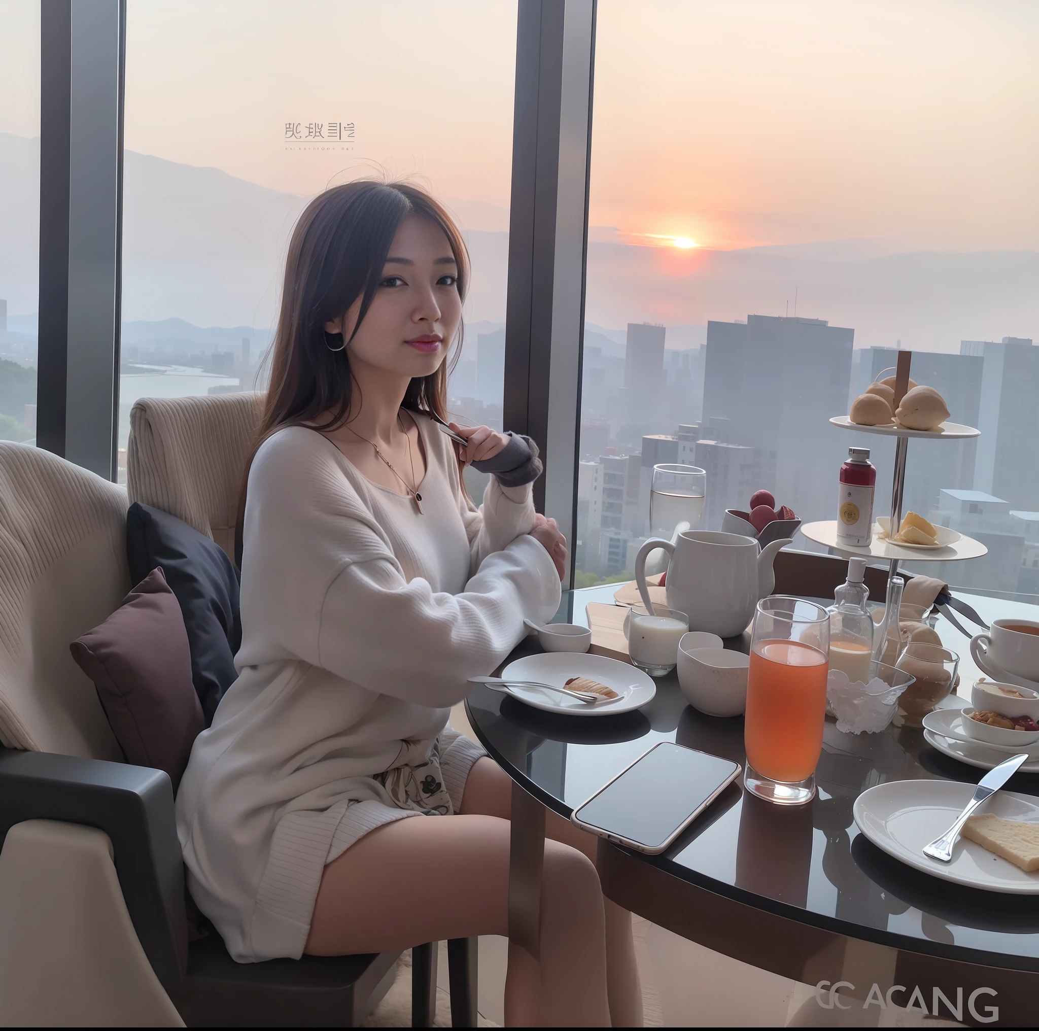 Aravi sat at the table，Enjoy the views of the city, abcdefghijklmnopqrstuvwxyz, taken in 2 0 2 0, At sunrise, Great view, Gorgeous lady, stunning view, chill time. Good view, during sunrise, shaxi, taken with canon eos 5 d mark iv, In the evening