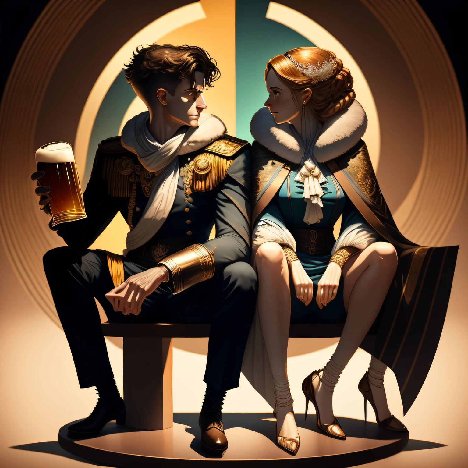 [ Amazing | astonishing | delicated ] 
Full body portrait of a beautiful Nordic royal couple 
Sit on a pedestal and drink beer
In the middle of the composition
，[ Colorful | A vibrant ] HDR masterpiece （Awesome （ CCDDA art style） ） Tone mapping with ACES
，（ [ clear and readable | tidy ] tangent ） full of negative space
，Delicate symmetry（well-proportionate anatomy）
，delicated（solid drawing）Volume enhanced with detailed shadows and highlights（in perspective（Depth-of-fie））