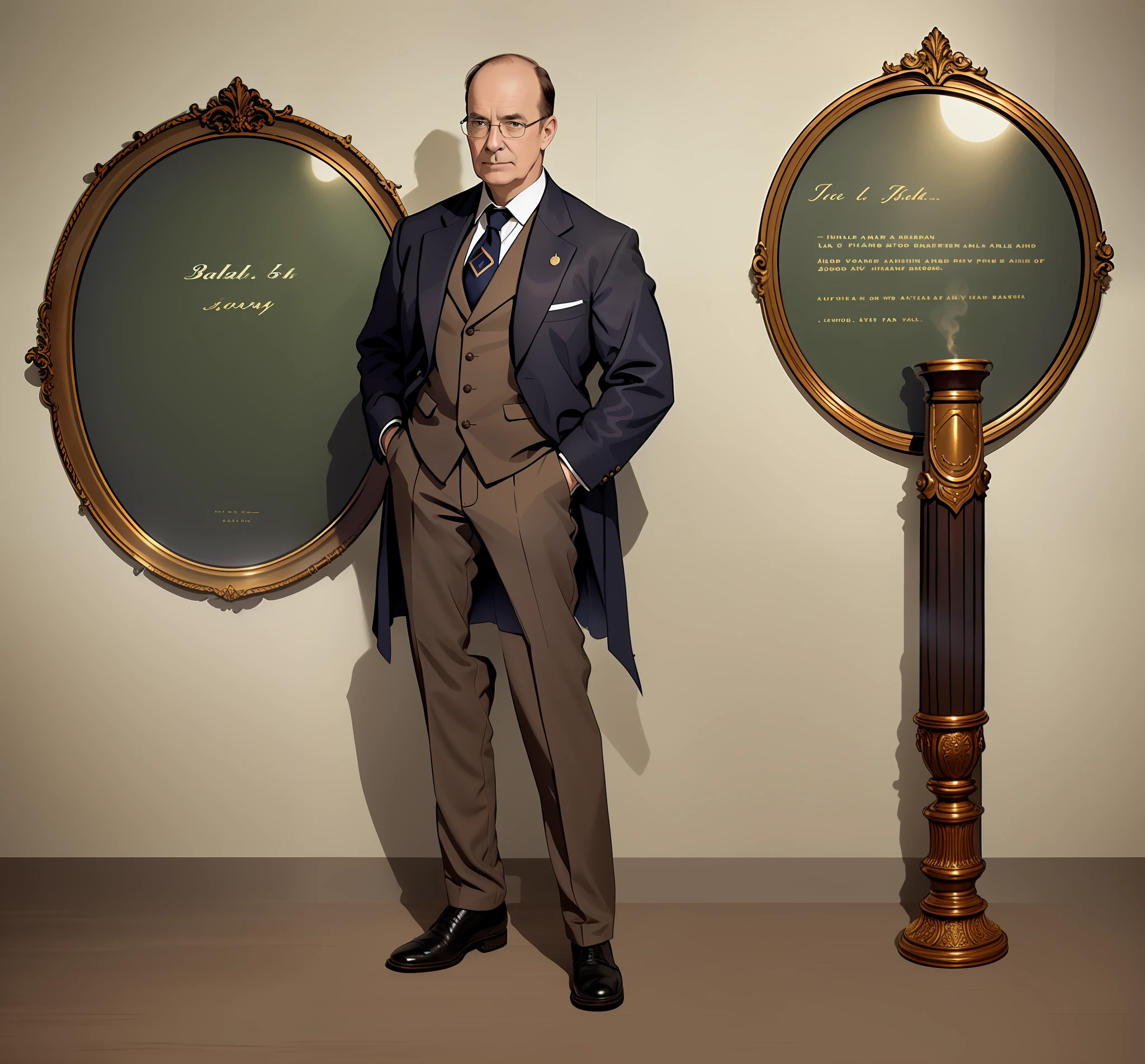 52-year-old male university professor, balding, glasses, brown suit, necktie, holding a pipe,19th century clothing style,(Standing posture:1.5),(full body:1.6)