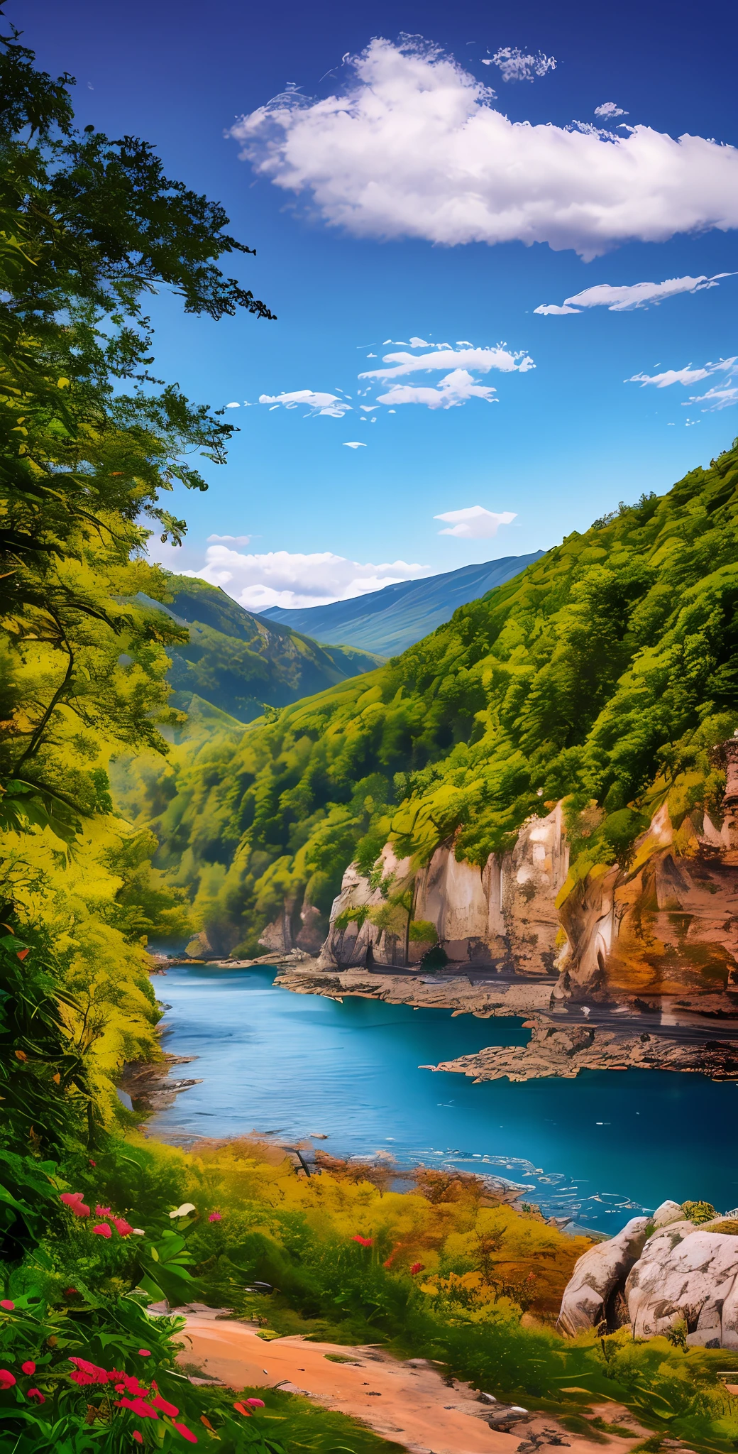 Masterpiece, ultimate quality, Cg unity 8k wallpaper, super delicate, beautiful sky and clouds, rich natural scenery, cliffs, lakes and rivers, waterfalls and flying water, beautiful green mountains, no trace of people, excellent scenery, has already won a photo contest, background Blurring, full depth of field, HDR high dynamics, true restoration, intricate, extreme details, dramatic presentation, perfectly presenting the style of midjourney art.