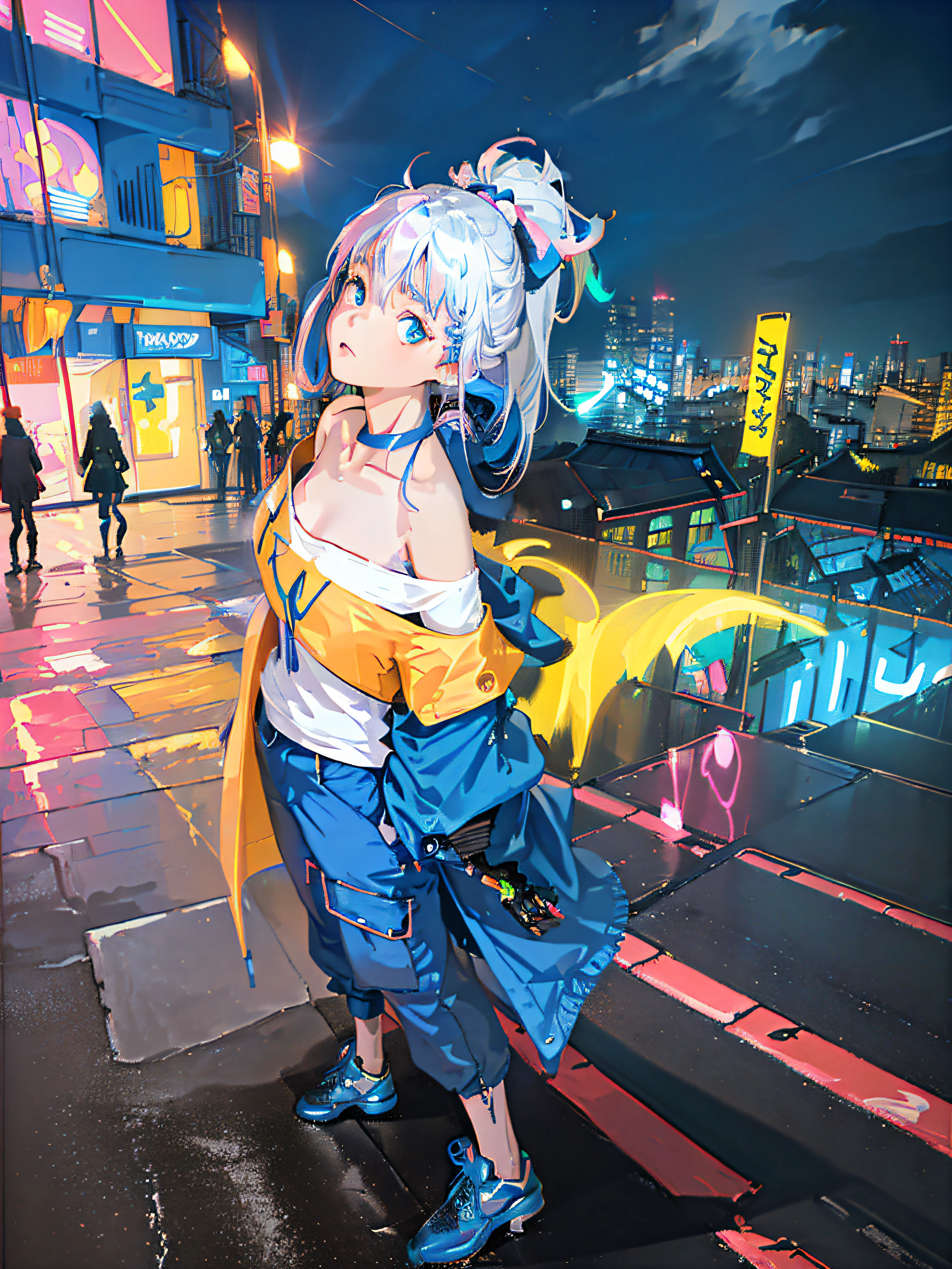 (masterpiece, 4k ,ultra detailed:1.2),(anime:1.2),illustration,(realistic:1),(photorealistic:1),
(solo:1.2),
(from side:1.2),(sad:1.4),
(panorama,perspective:1.4),(fisheye:1.2),
(landscape,outdoor,cityscape,night,midnight,rooftop,cyberpunk,asphalt,rain,graffiti art,reflection,shop,kiosk,sidewalk,avenue,police,taxi,bench:1.2),(skyscraper,fog:1.4),
(pedestrian,crowd,people:1.3),
(neon sign,blue neon,pink neon,yellow neon:1.4),
(off-shoulder neon trench coat,t-shirt,cargo pants,sneaker:1.3),
(platinum white hair,ponytail:1.2),(supermodel:1.4),(various hair color),