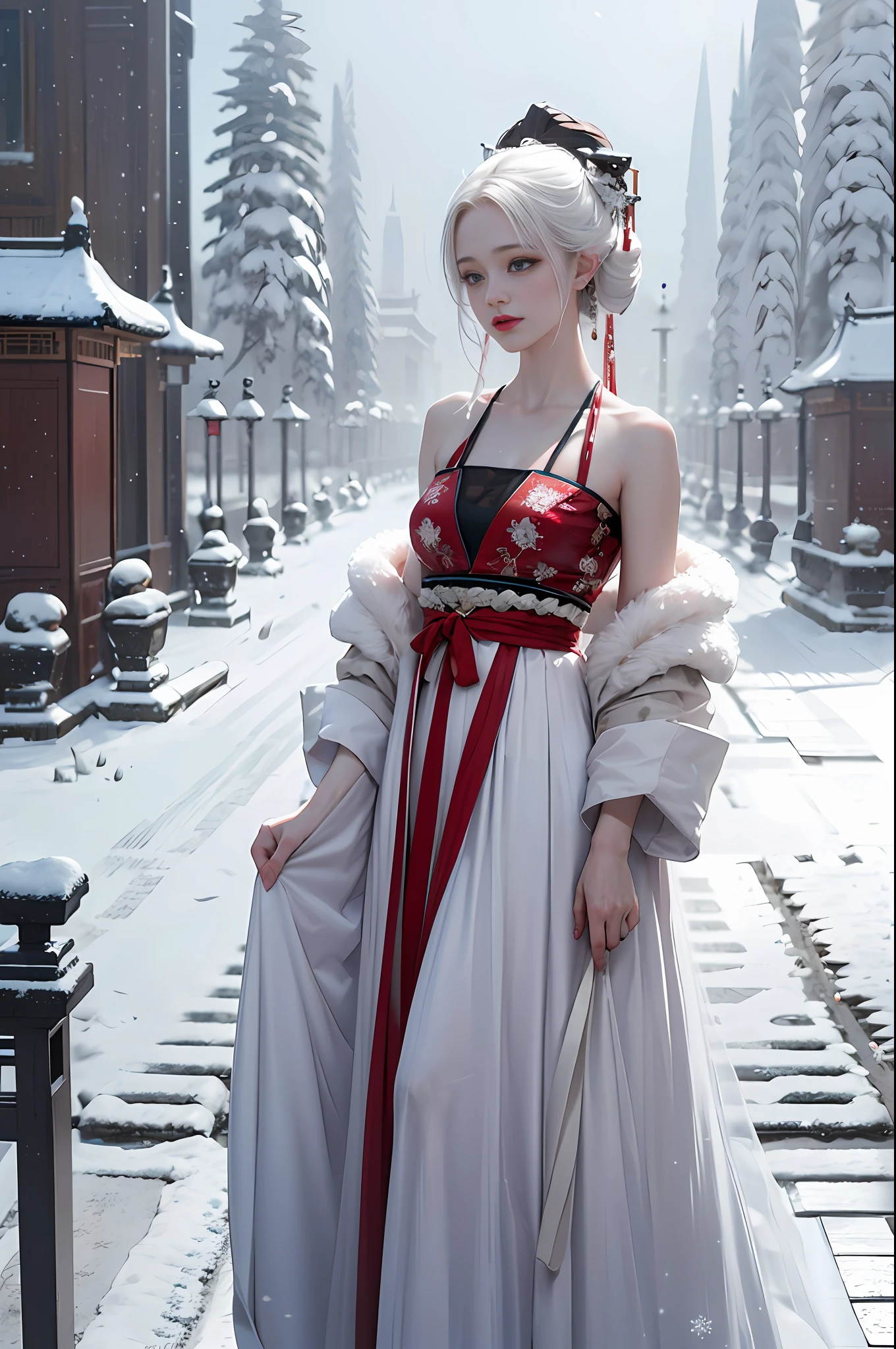 official art, Unity 8k wallpaper, super detailed, beautiful, beautiful, masterpiece, best quality, mystery, romanticism, horror, literature, art, fashion, tang dynasty era, decoration, intricate, embroidery, contemplation, white hanfu, mink fur coat, 1 girl, white hair, dramatic composition, cinematic lighting, dynamic perspective, sexy, bare shoulders, bare thighs, winter, snow, snowflakes flying, plum blossoms, background, temple, altar, smoky