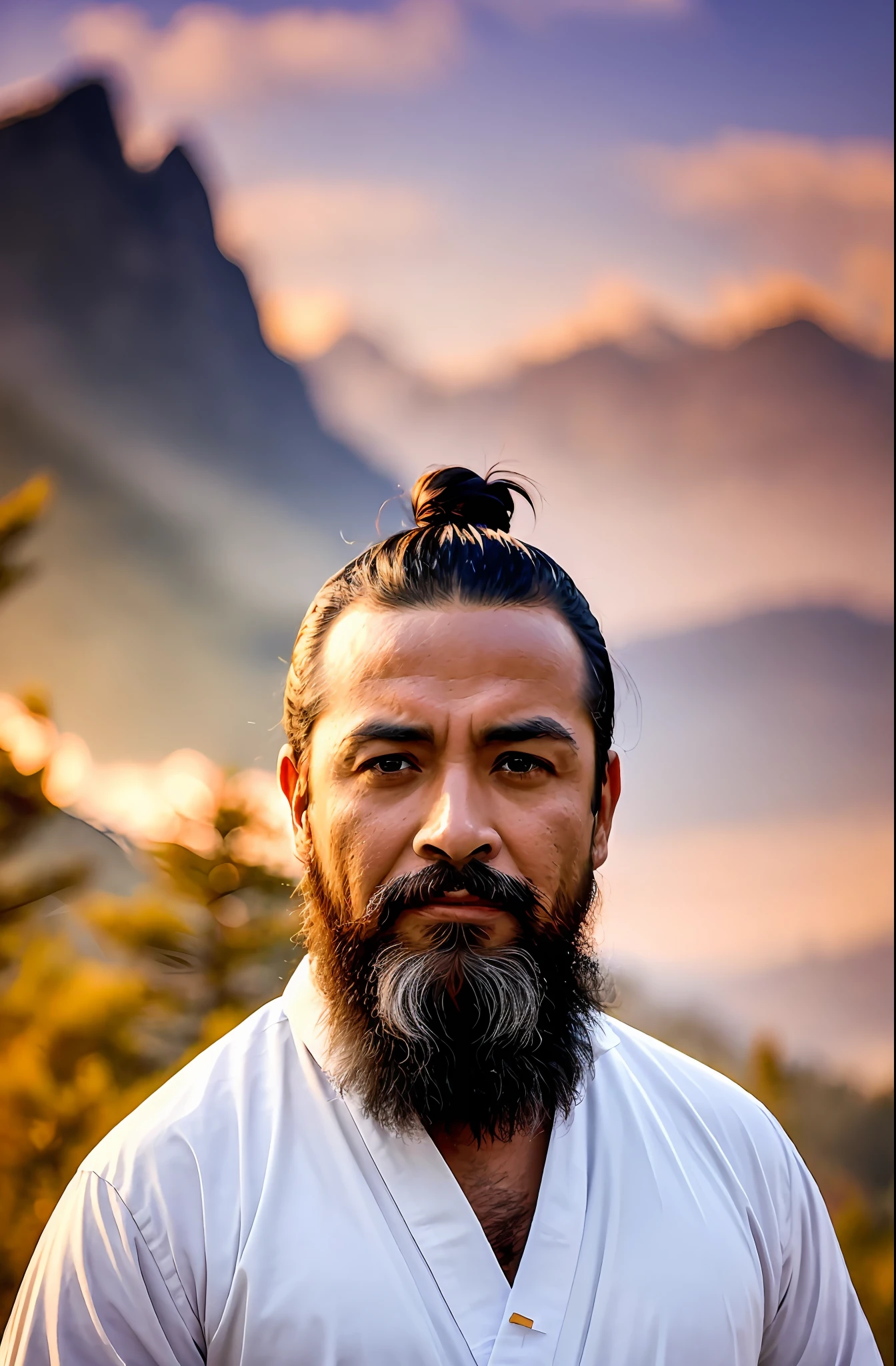 Allafd man in white shirt with beard and bun，monk portrait，best quailty， ​masterpiece， （realisticlying：1.2）， Complicated details， OriginalPhoto， Photon rendering， rendering by octane， absurderes， ultra detali， detailed face with， Detailed skins， Artstation trends，8K masterpiece， Epic composition， sky as a background， （Chinese long beard：1.3）， （Blackbeard：1.4）， Chine， mont， Ancient Chinese landscape painting， Mountains in front， Beautiful meandering green river behind， Extremely clear details of old paper， High paper detail、High line detail、A high resolution、Ultra high quality、primitive、8K images、Extremely high color detail、intrikate、Epic composition、cinmatic lighting、​masterpiece、bold complementary colors。Stunning art style landscape painting and beautiful illustration of range Chinese feng shui painting，Yellow paper color，Draw in black and white ink，Artstation，Sergey Svestunov，hyper realist，mist，Asian men，Taoist master，samurai portrait，samurai portrait photo，man asian，front facing portrait of samurai，asian male，Ancient Japan monks，chinese artist，closeup portrait，samurai portrait，Southeast Asian round face，Oriental face，Peace expression