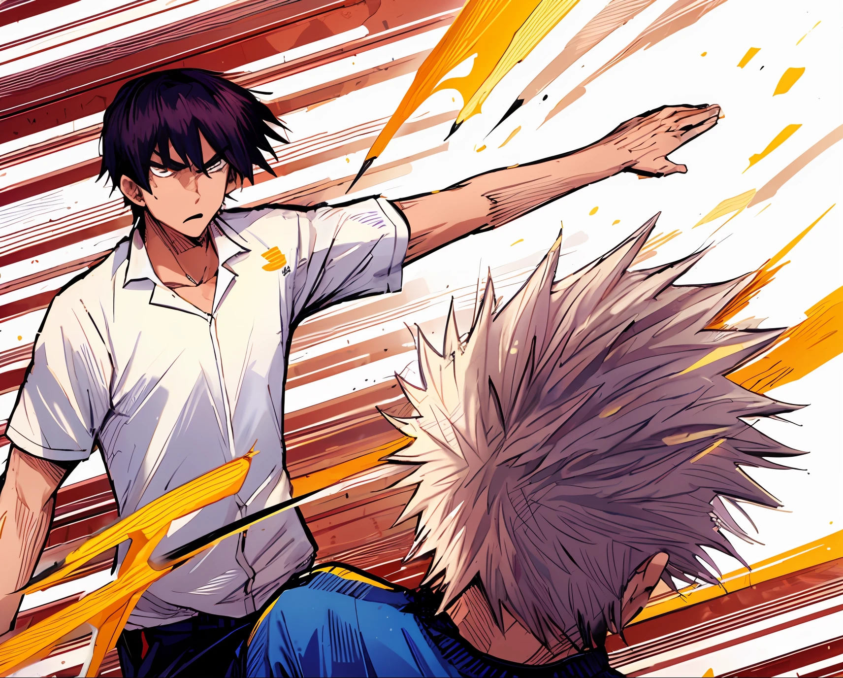 2boys, slap, slap, slapping, grip, angry, white shirt, color manga, manga color, color manga, color manga panel, simple background, a white background