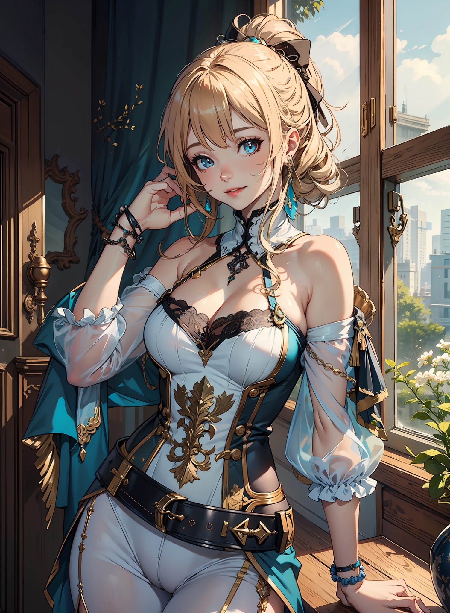 realistic, best quality, detailed, detailed dress, detailed accessories, detailed room, detailed decoration, nice skins, glowing skins, medium breast, see through clothes, sexy lingerie, sexy smile