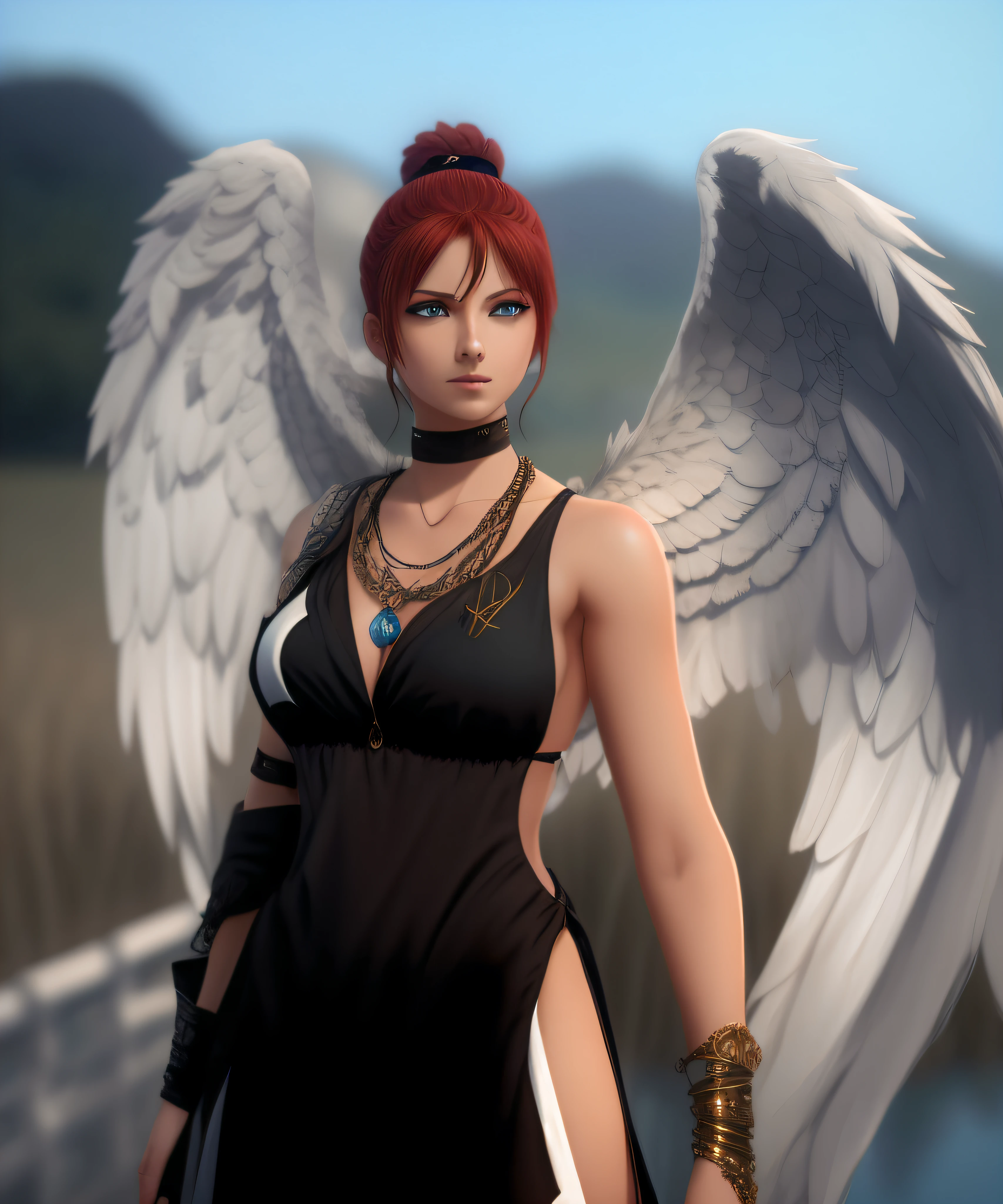 front angle, red hair tied back in a bum, white angel wings, blue eyes, black long semitransparent dress, necklaces and golden accessory on her forehead, beautiful, detailed perfect body, night fullmoon lake scene, masterpiece, best quality, ultra realistic, ultra detailed textures and pixels, ultra detailed face, trending on pinterest, high quality, by A-1 Pictures Studio, 8k perfect ultra detailed anime art by professionals artists lw