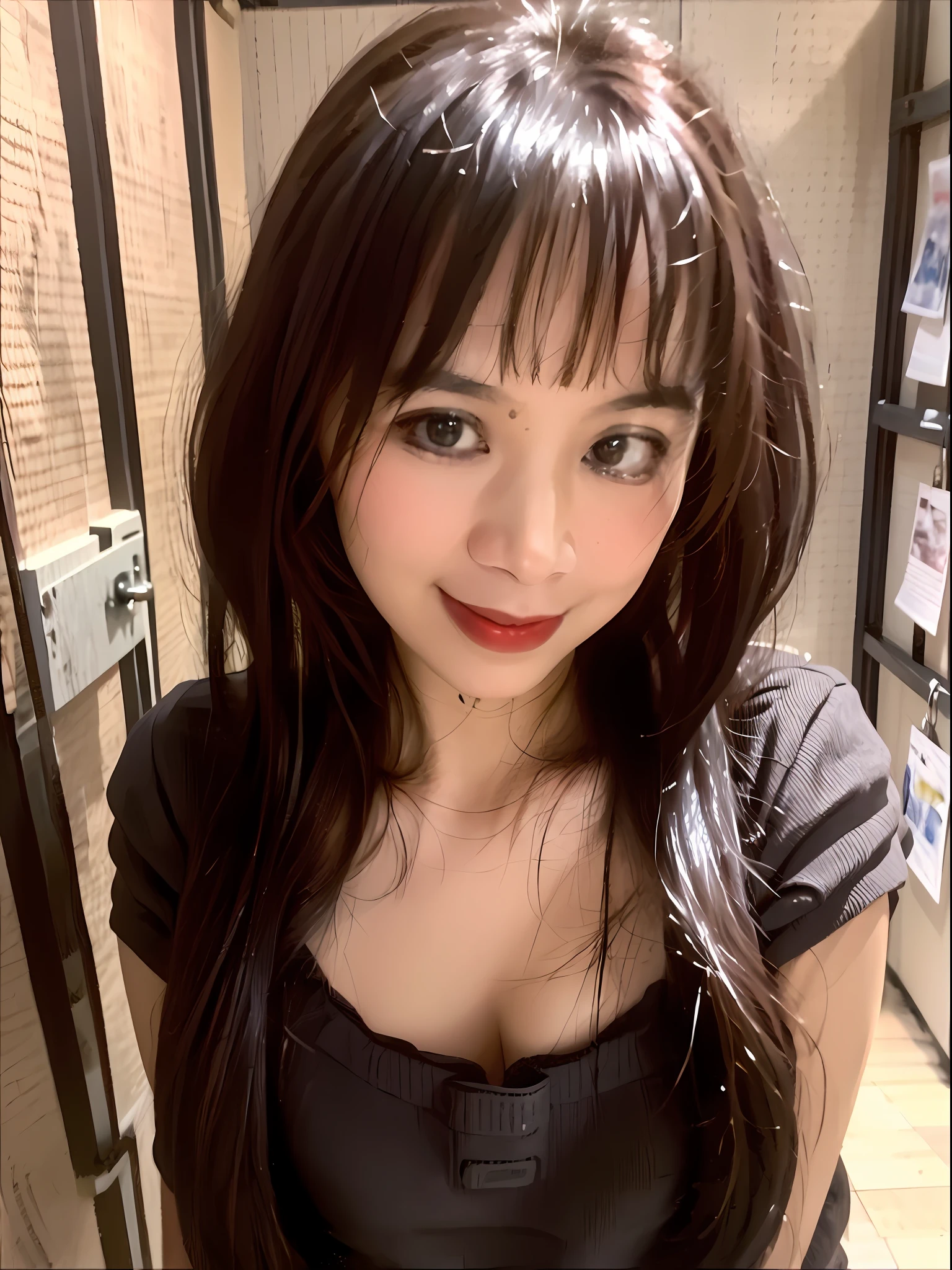 best quailty,masterpiece,Ultra-high resolution,Upper body body,closeup of face,full-shot,Short black and red hair,tidy hair,Red bangs,cleavage selfie,Selfie pose,In the fitting room,cubicle,Ruffle hair,looking looking at viewer,The front,ssmile,depth of fields,