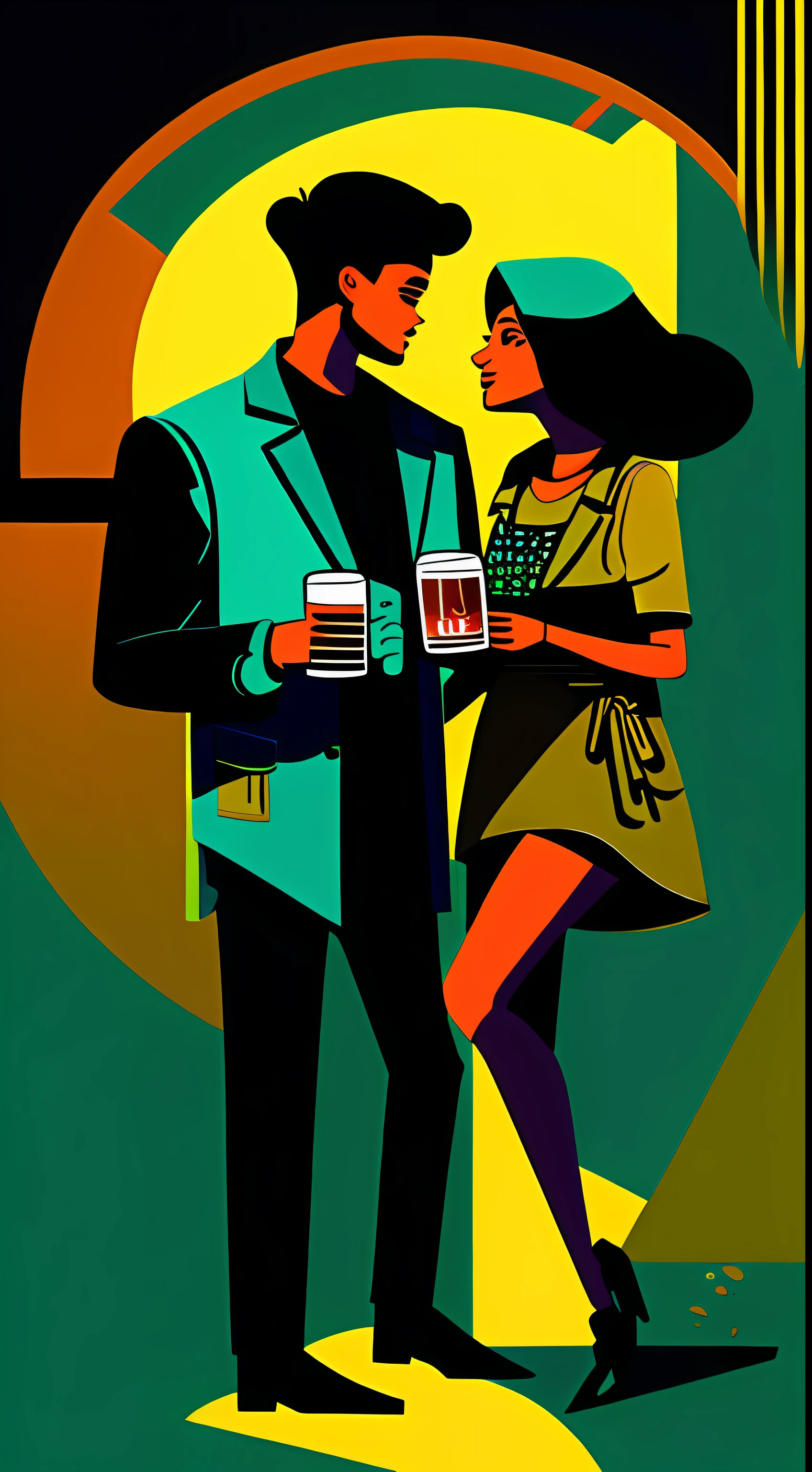 (masterpiece,4K,ultra detali,OriginalPhoto:1.2),illustratio,
(beer mug:1.8),(A man and a woman drink beer:1),
(simplebackground,Fluorescent teal and black background:1.4),
(symetry:1.2),
(art-deco:1.4),
(retro-futuristic:1.4),
(Maximalism:1.4),
(Cleanliness:1.4),
(Flat_color:1.4),
(sun beam:1),
CCDDA art style