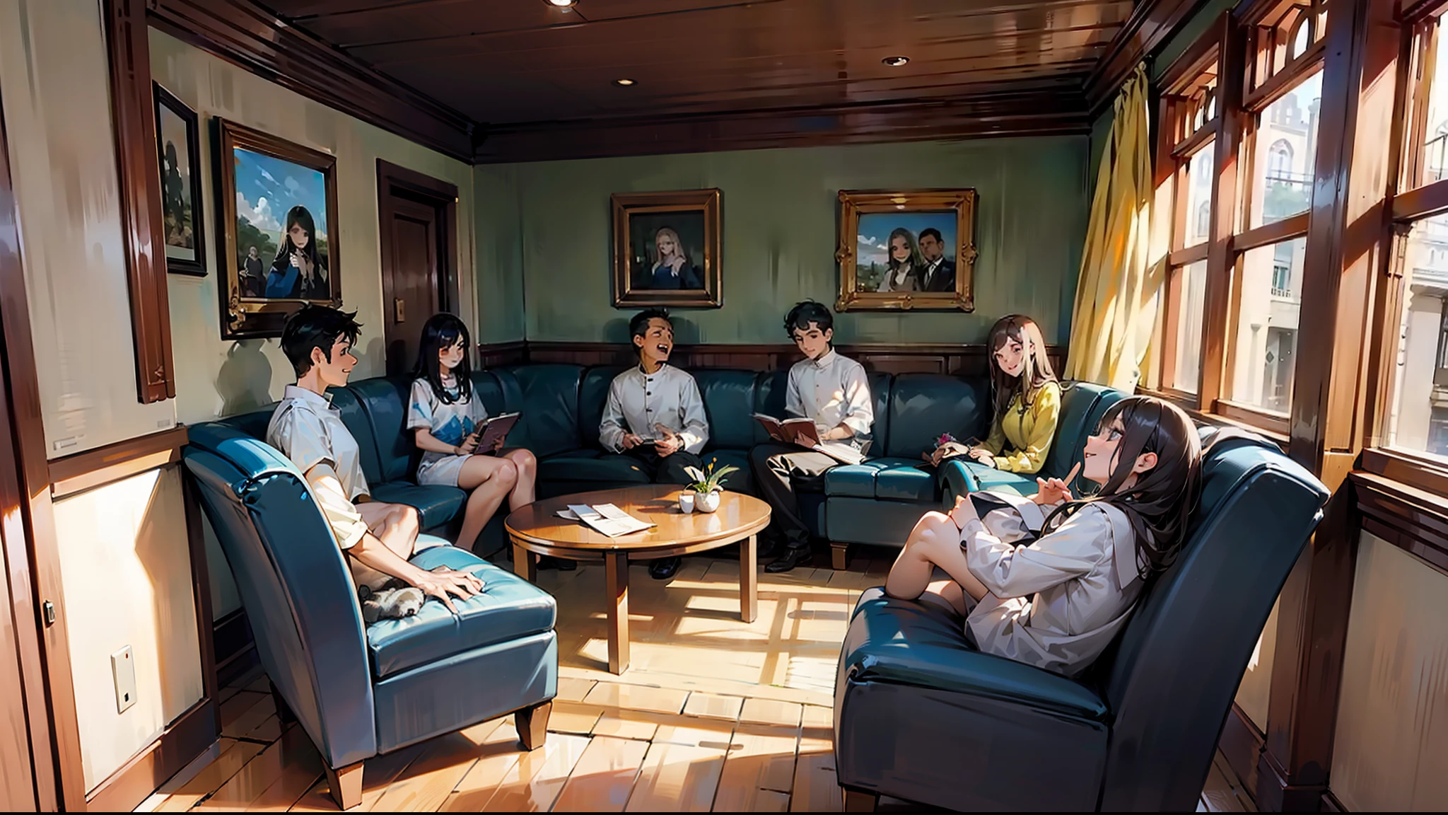 reunion, Young Westerners and Asians, 7 jovens reunidos, Studying the Bible, casa de familia, sitting on the couch, mesa de centro, estantes com flores, pet dog, pet cat, pequenos grupos, evangelismo, hiperrealismo, 8K, detalhado, sentados a mesa, sala, estante de livros ao fundo, janelas, luci, sorridentes, homens e mulheres, adultos, imagem perto das pessoas, visible faces, se divertindo, super detalhada, house with modern décor, estilo escandinavo, emphasis on people, nos rostos, close nas pessoas, ultra detalhado,