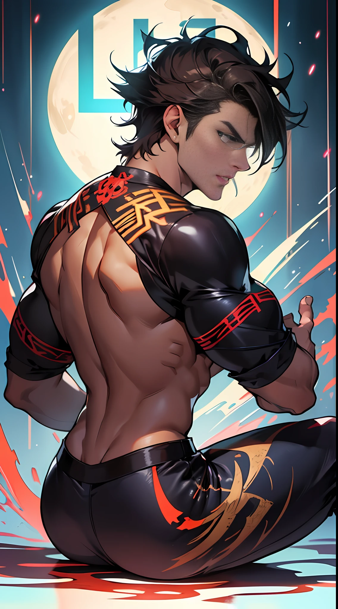 Anime characters sitting in a meditative position，Blue light shot out from behind him, most strongest pose, Suitable for brunette banshees, Handsome anime pose, male anime character, Badass anime 8 K, 《The King of Fighters》role, Brunette God, with glowing runes on the body, trending on artstation pixiv, Male anime style, handsome japanese demon boy