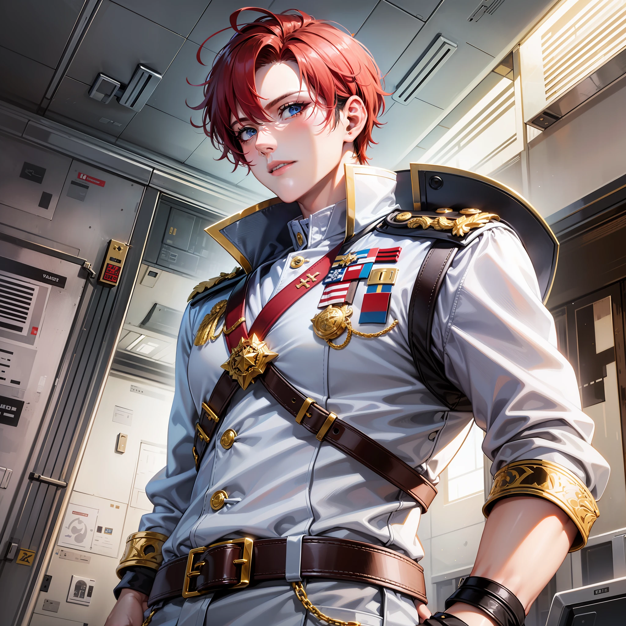 (high quality, detailed), a tall man with short scarlet hair and bright blue eyes, White military outfit with golden details, standing firmly, dynamic pose, in an aircraft setting.
