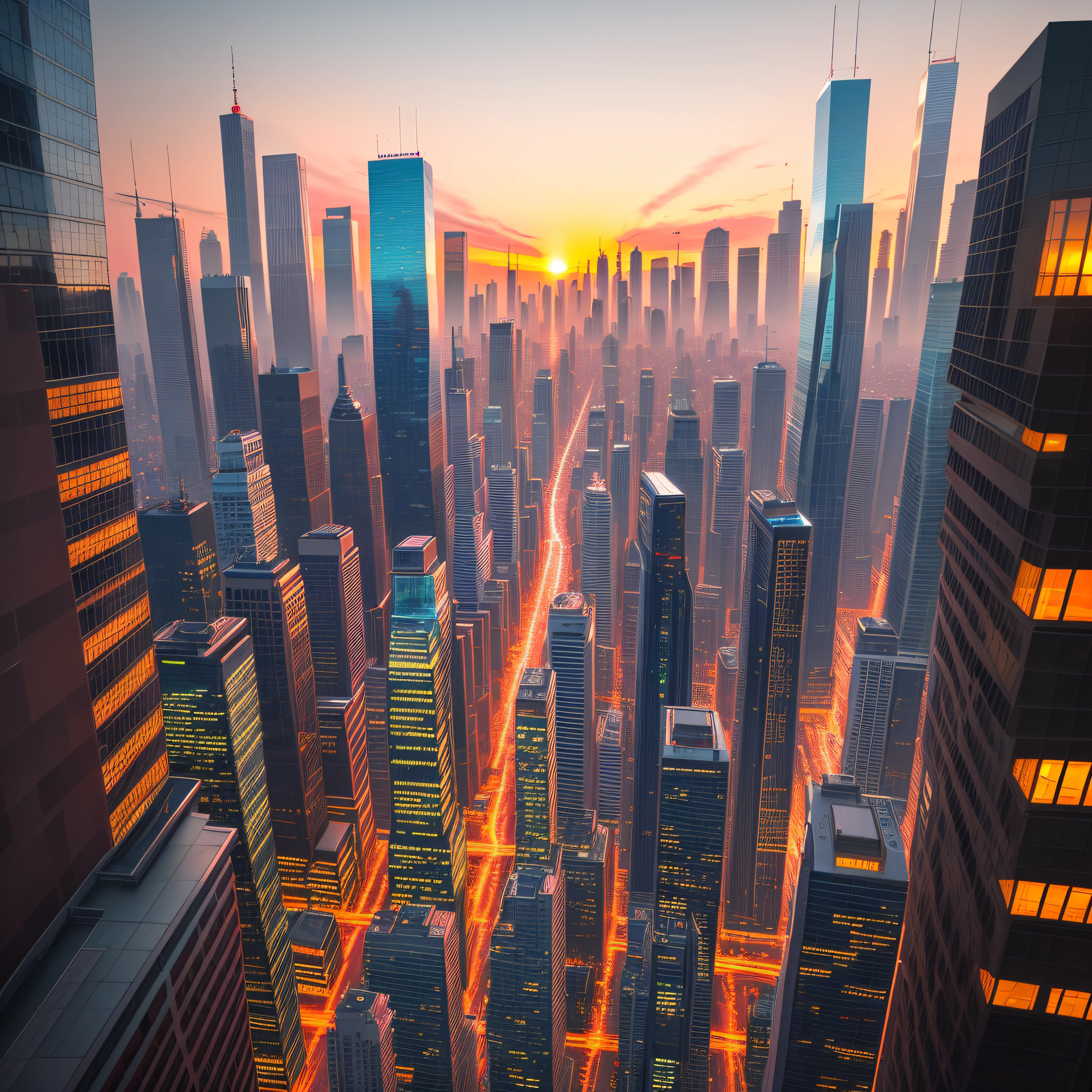 Imagine a modern Zaha Hadid style (luxurious Hotel) with large glass windows that reflect the light of the sunset. The photograph shows the building from an aerial perspective, emphasizing its imposing architecture. In the foreground, you can see an illuminated underground parking garage, with bright lights filtering through the grilles. There are no people in the image, but you can see a spacious open area. The sunset atmosphere creates a warm and peaceful feeling throughout the scene. --auto
