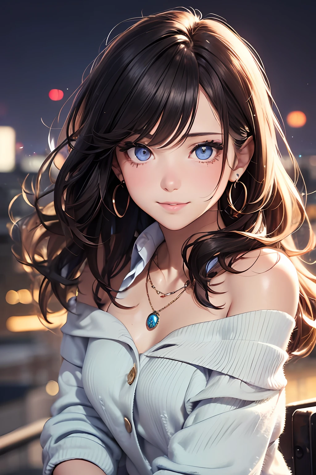 (masutepiece: 1.3), (max resolution: 1.2), (Ultra HDTV: 1.2), cinema lite, Ultra HDTV, (Detailed eyes and skin), (detailed facial features), ultgp, 8K resolution, Sharp Focus: 1.2, Perfect Style, Beautiful Face, accurate, Anatomically correct, Highly detailed face and skin texture, Detailed eyes, Dark-blue eyes, Double eyelids, Thin eyebrows, dropping eyes, (Glitter Eyeliner:1.2), Natural cheeks, Glossy skin, (Fair skin:1.2), shiny necklace and earrings, (Glossy lips: 1.4), break, absurderes, One-person viewpoint, (she is high school Student), (Wearing a Button up shirt, blazer, Pleated mini skirt), ((off-shoulder:1.3)), (shy smile:1.2), ((Innocent and very cute girl:1.3)), (Layered hairstyle, Wavy Hair), (Dark brown hair:1.2), Medium Long Hair, (Cowboy shot: 1.2), Focus on Face, medium large breasts, ((sexy pose on Instagram:1.2)), ((In the School Rooftop at night)),