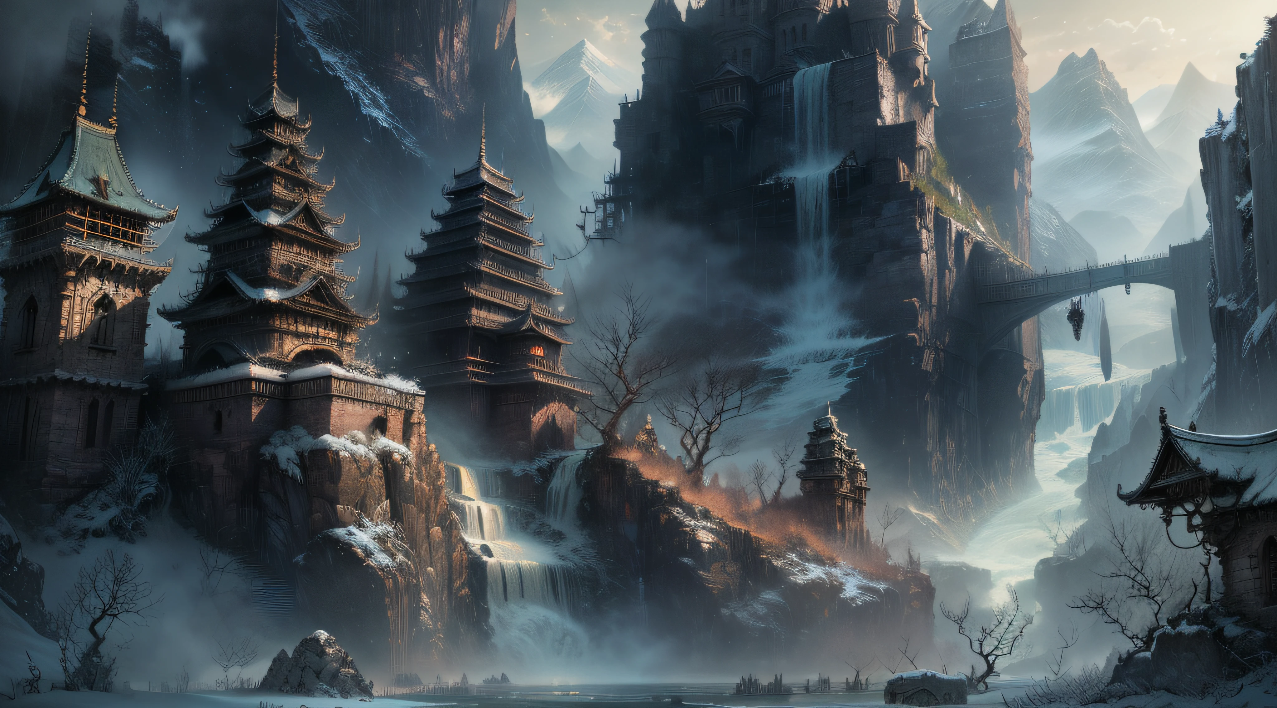 painting of a mountain village with a waterfall and pagodas, epic fantasy digital art style, mountain fortress city, andreas rocha style, detailed fantasy digital art, symmetrical epic fantasy art, 4k fantasy art, cyberpunk chinese ancient castle, inspired by Andreas Rocha, by Yang J, impressive fantasy landscape, detailed fantasy art, fantasy art landscape, highly detailed fantasy art