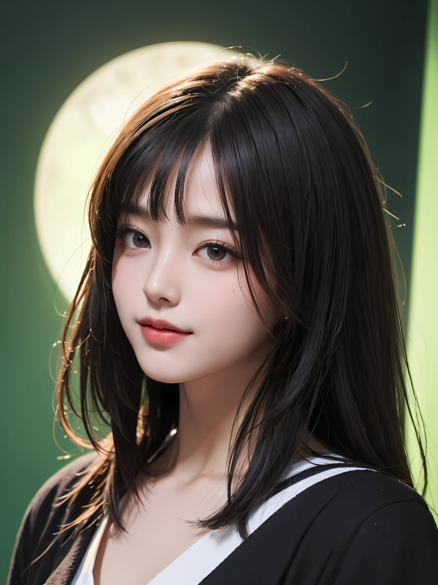 ​masterpiece， Best picture quality， hightquality， beautiful a girl， jpn， japanese school girl， Popular Korean makeup， A detailed， Swollen eyes， Detailed eyes， Detailed skins， Beautiful skins， Super-High Resolution， （Realistis： 1.4）， extraordinarily nice， Slightly younger face， Beautiful skins， Slim， （Ultra photo realsisim）， （illustratio）， （A high resolution）， （8K）， （highly detaile）， （best illustrations）， （eyes in beautiful detail）， （ultra detali）， （wall-paper）， （Detailed face）， looking looking at viewer， finely detailled，Detailed face，pureerosfaceace_V1，ssmile，Staring straight ahead，Staring straight ahead，angle from waist up，photograph of-realistic，Bright lights，Professional lighting，Bblack hair，length hair，Dark ruins，Big Red Moon，Gorgeous red and black dress，Mature woman，Long, stylish bangs，Black pupils，Gaze forward affectionately，Green background，skin fair，Charming mood with a pleasant smile， 独奏，Very beautiful，Very beautiful，Very charming，It was perfect