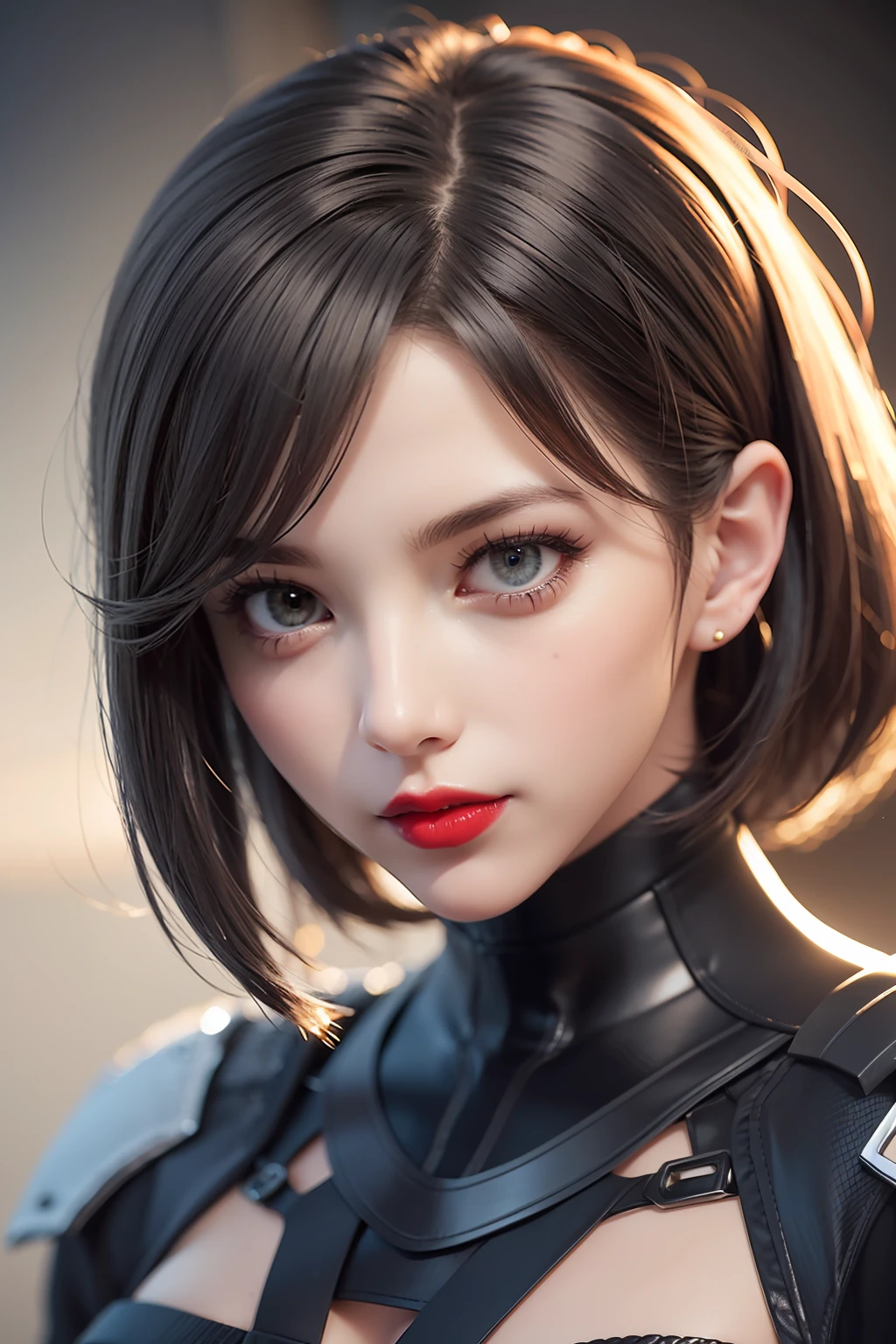 Hot bust to waist beauty anime girl /// (Character) wearing detailed combat body suit with scarf, upperbody shots, detailed skin, face sharp focus, detailed eyes and pupils (and red lips), detailed bob cut hair, intricate details and sharp, masterpiece, global illumination, real shadow, bokeh, best quality, photorealistic, realistic, 8k, 3d
