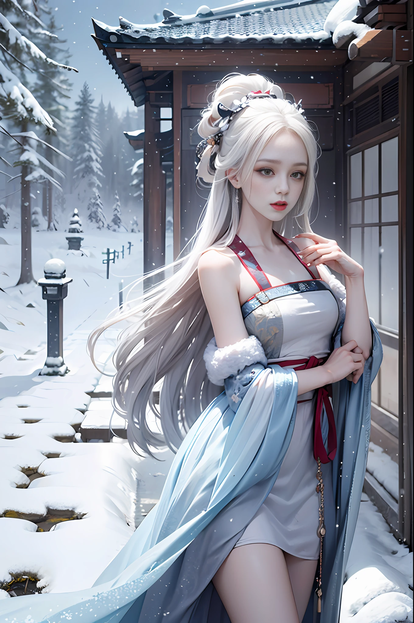 official art, Unity 8k wallpaper, super detailed, beautiful, beautiful, masterpiece, best quality, mystery, romanticism, horror, literature, art, fashion, tang dynasty era, decoration, intricate, embroidery, contemplation, white hanfu, mink fur coat, 1 girl, white hair, dramatic composition, cinematic lighting, dynamic perspective, sexy, bare shoulders, bare thighs, winter, snow, snowflakes flying, plum blossoms, background, temple, altar, smoky