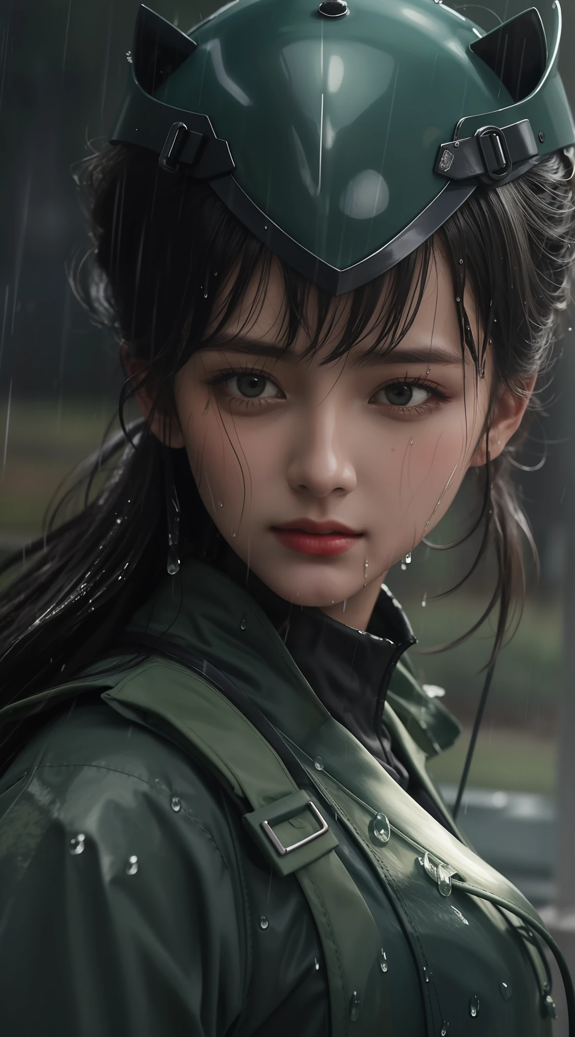 Realistic style，Fantastic screen，A woman in a dark green costume is preparing to enter the battle，Look into the camera，People around are fighting，Wet clothing，raining lightly，sludgy，Close-up of people，Blurred background，​masterpiece，high qulity，8K