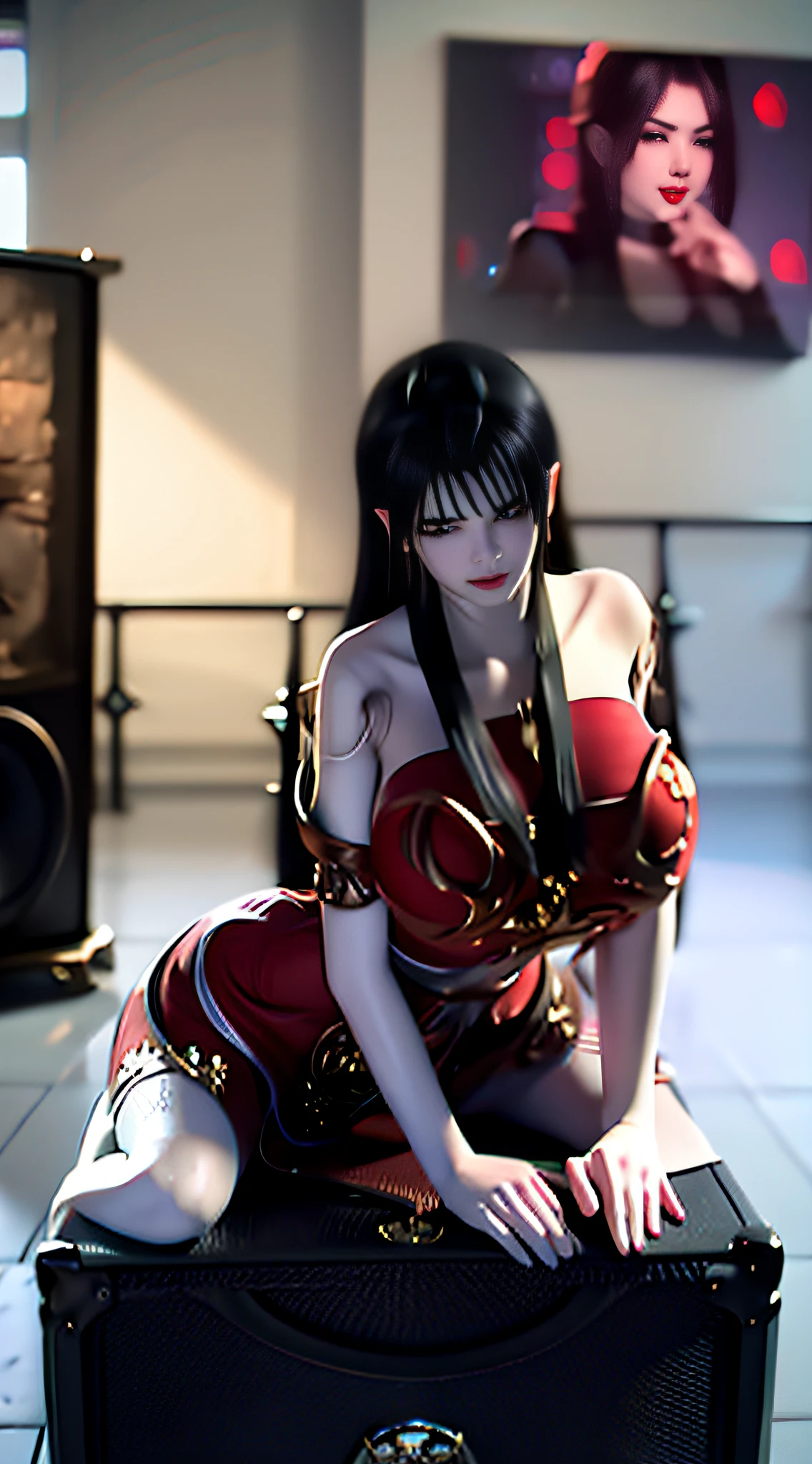 Ultra-realistic 8k CG，Perfect face，flawless perfection，ren，​masterpiece，professionalartwork，famousartwork，Perfect face，beauitful face，Beautiful  eyes，（（Perfect female body）），highly detaile， hightquality， ​masterpiece， beatifull， girlfriend， 1girl huge large breasts， 独奏， fullllbody， Light smile， red dress， Sat down， Sit on the speaker