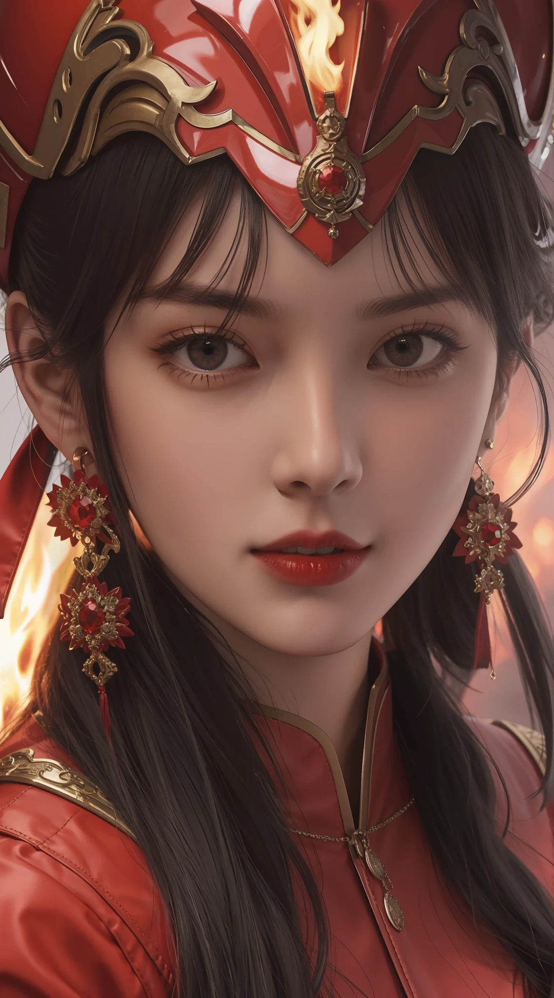 Realistic style，Fantastic screen，A woman in a red costume is preparing to enter the battle，Look into the camera，People around are fighting，fire glow，Close-up of people，Blurred background，​masterpiece，high qulity，8K