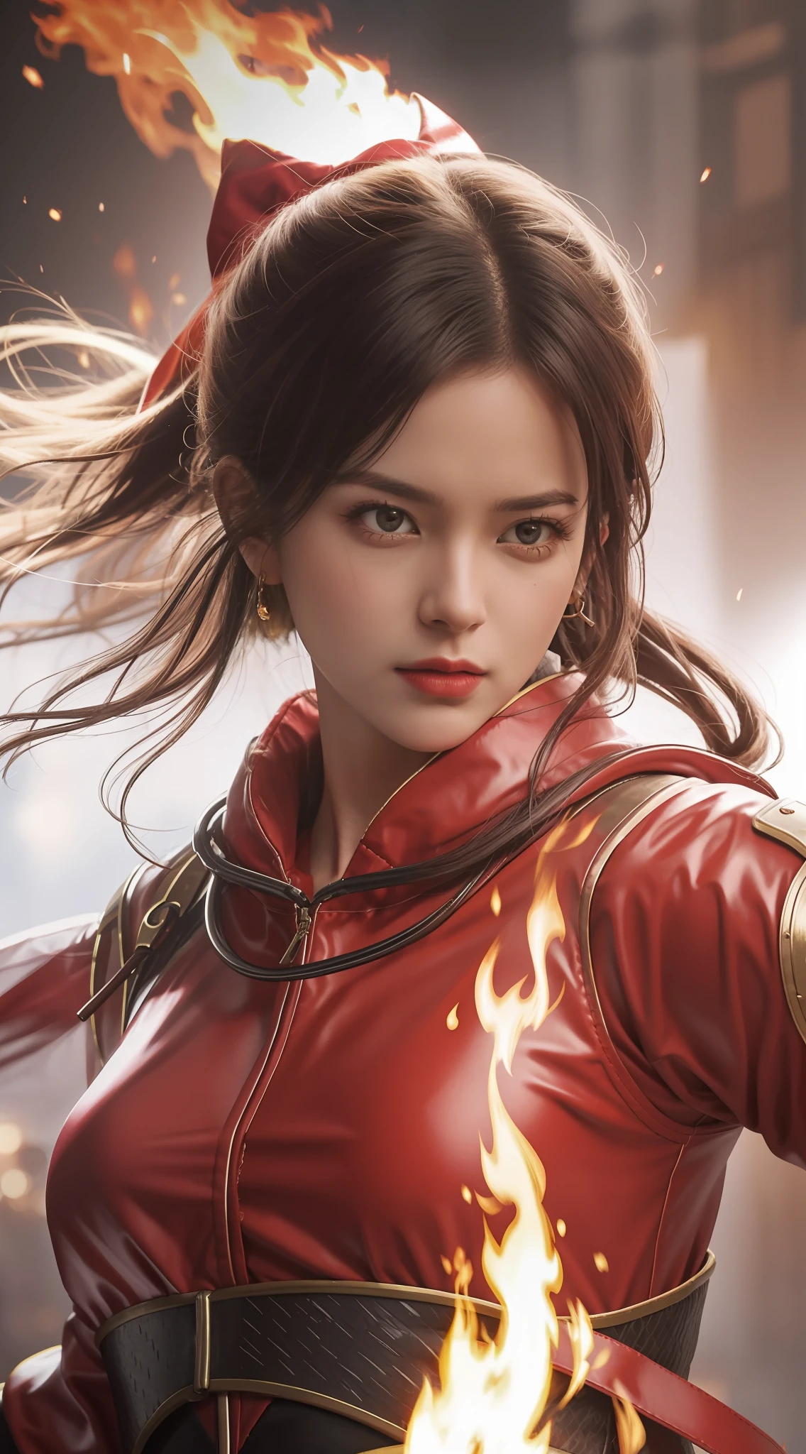 Realistic style,Fantastic screen,A woman in a red costume is preparing to enter the battle,Look into the camera,People around are fighting,fire glow,Close-up of people,Blurred background,masterpiece,high qulity,8K