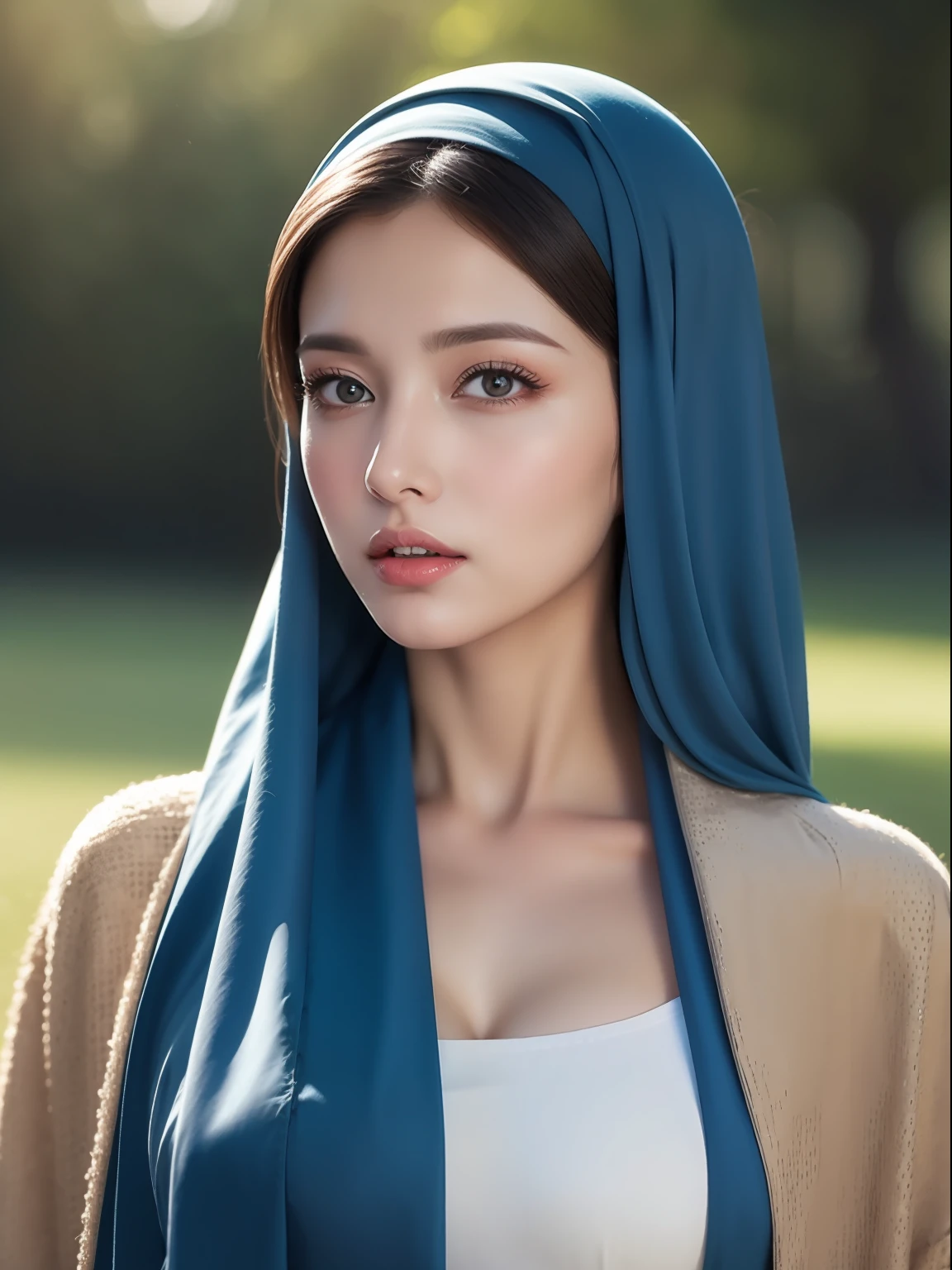 sexy and hot Arab princess wearing a blue hijab, detailed face, dark-brown eyes, full length body standing at the park, areola puffy, exquisite clothing detail, sharp and clear focus, highly detailed, art station, concept art,  light makeup, hyper-realistic, 32K Ultra HD