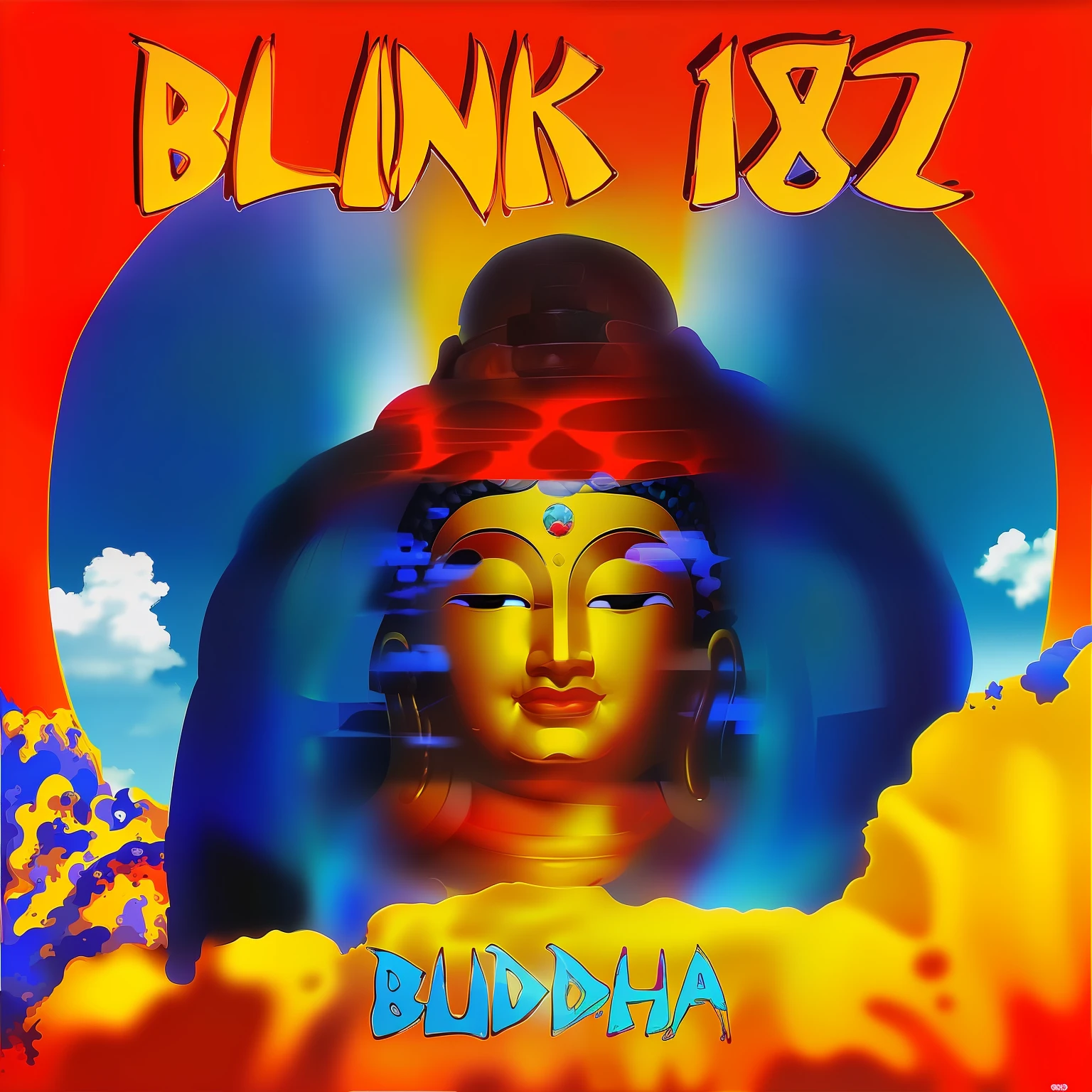 a close up of a statue of a smiling buddha in front of a blue sky, Pestanejar, punk album cover, coelho, um coelho na imagem, apa de vinil de 1988, Buda, Album art, album cover, alternate album cover, O Buda, cego, phonk album cover, 1 2 8 bits, ano 2 3 0 0, album cover, frank kozik, arte da capa