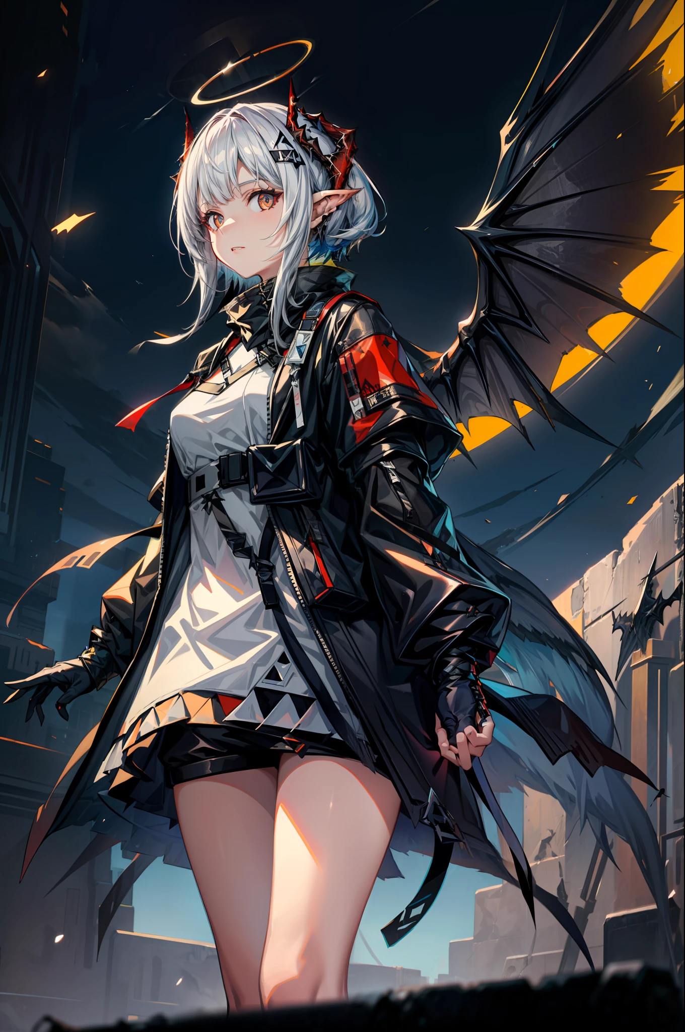 masterpiece, best quality, (sarkaz, sankta, arknights:1.3), 1girl, halo, demon horns, wings