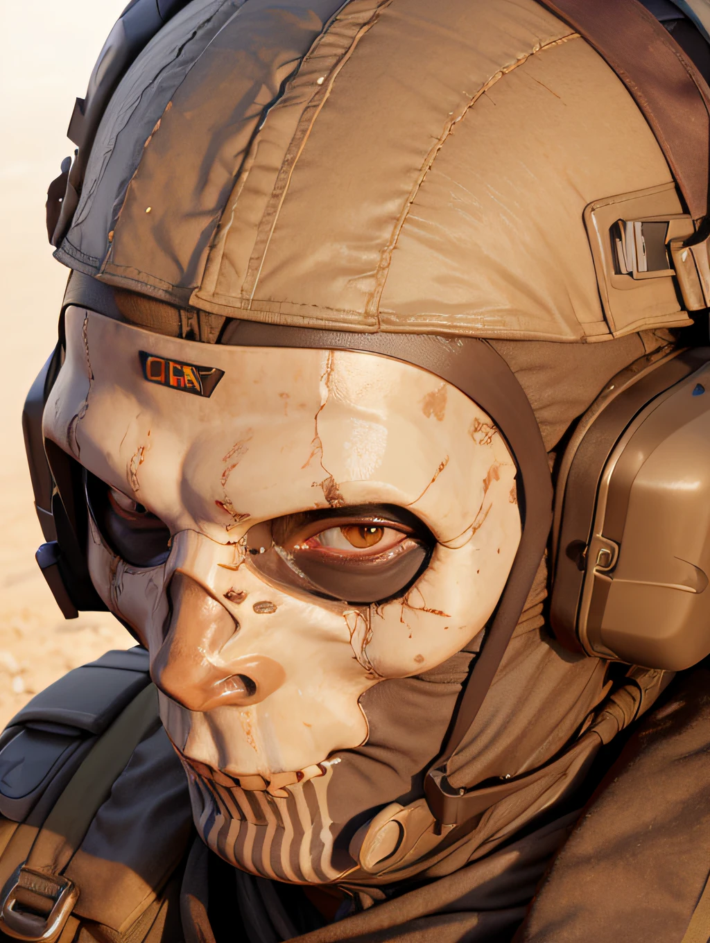 ghost mask, men in mask portrait, military, close-up shot,  backlight, ultrarealistic, ray tracing, mottled light and shadow, (warm cinematic lighting:1) (volumetrics:1) standing in a sandstorm,desert, dust, bloom, photon mapping, radiosity, masterpiece, best quality,