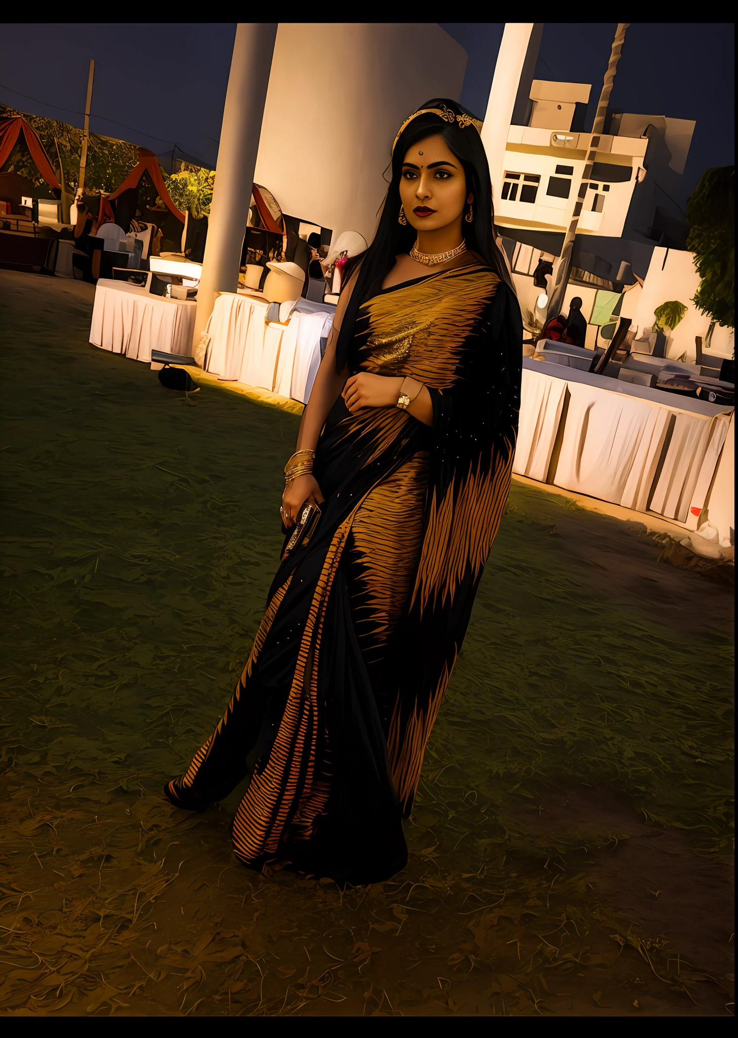 Oil painting, araffe woman in a black sari standing in a field, wearing a steampunk sari, wearing sari, dressed in a sari, indian, wearing a sari, black jewellery, indian super model, candid picture, satin, with lovely look, indian goddess, sari, candid photo, sequins, wearing an elegant tribal outfit, desi, at night time, candid photograph