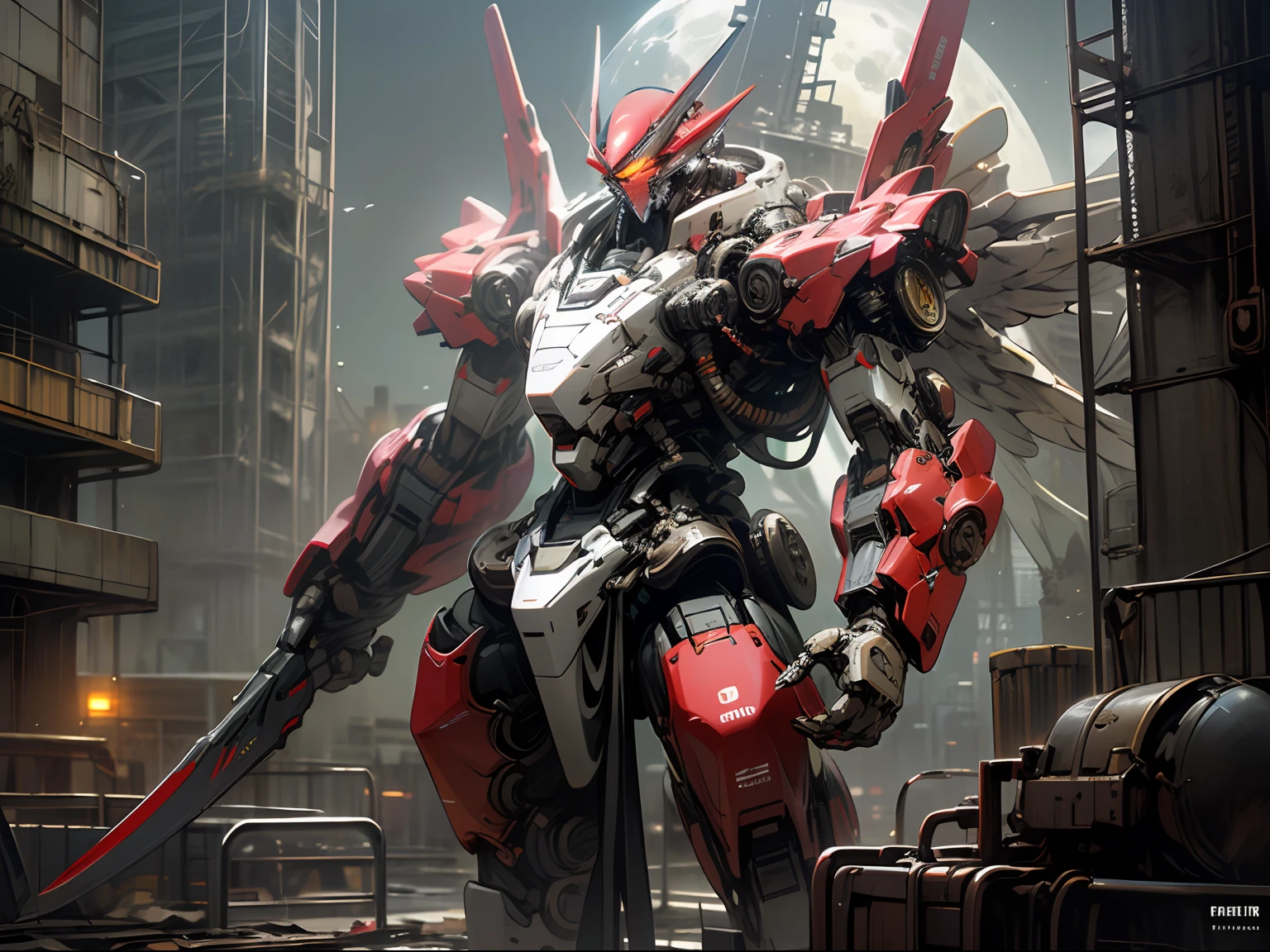 On the moon,barren planets, ruins, holding_weapon, wings_machine, no_humans, glowing, robot, building, glowing_eyes,red mecha, science_fiction, city, realistic,mecha,Milky Way Galaxy background,neon,cyberpunk,steampunk chrome white black