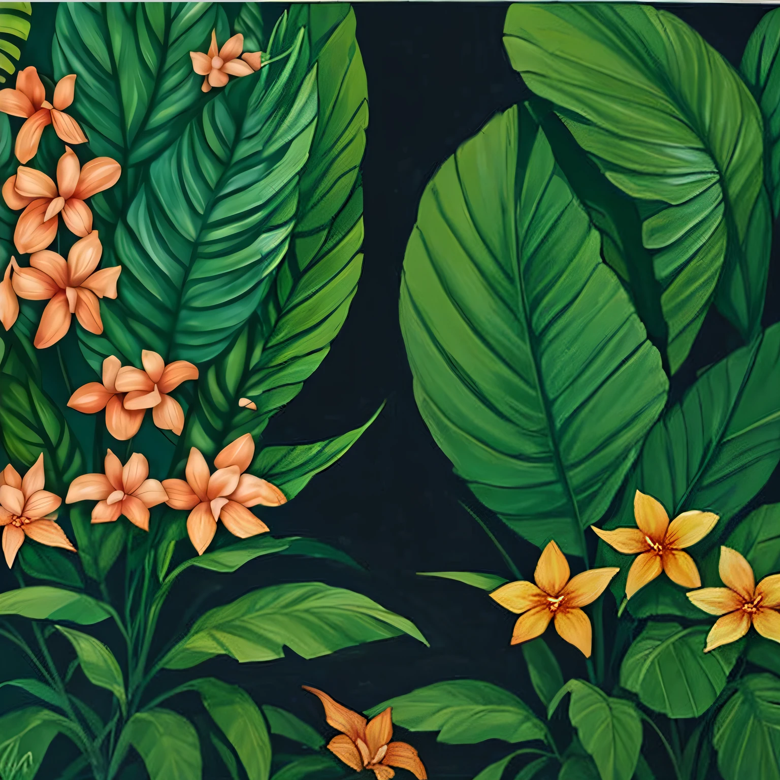 a painting of orange flowers and green leaves on a black background, blooming tropical flowers, tropical flowers, lush garden leaves and flowers, In the jungle. full bloom, tropical flower plants, tropical plants and flowers, (tropicalism), nature painting, canvas painting, author:Andrew Rueland, Tropical leaves, tropical foliage, tropicalism, tropical mood