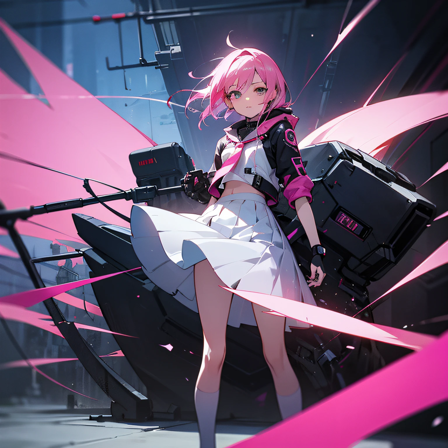 anime illustration, cyberpunked, Digital wind, pink hair, whiteskirt, 02, . --auto
