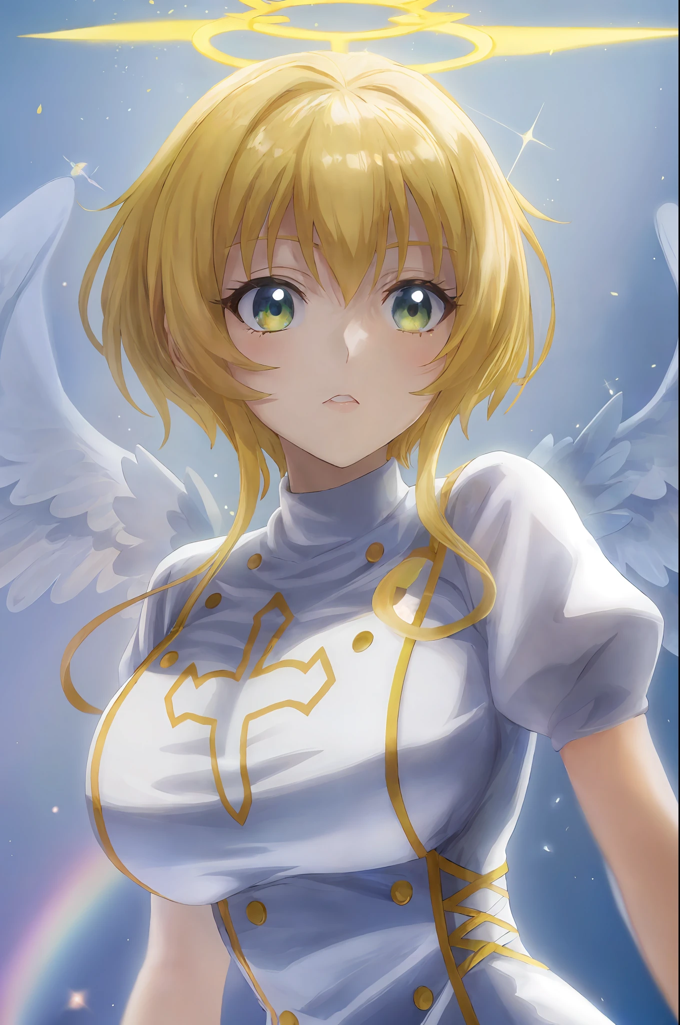 anime girl with angel wings and a halo on her head, Artoria pendragon, pureza angelicalal, Chica de anime llamada Lucy, Diosa del anime, daytime ethereal anime, highschool dxd, Anime visual de una chica linda, Rayo divino sobre su cabeza, angelicalal, angelical, ethereal anime, Personaje femenino de anime, Rostro angelicalal, Estilo anime como el destino/stay night, Mejor chica del anime
